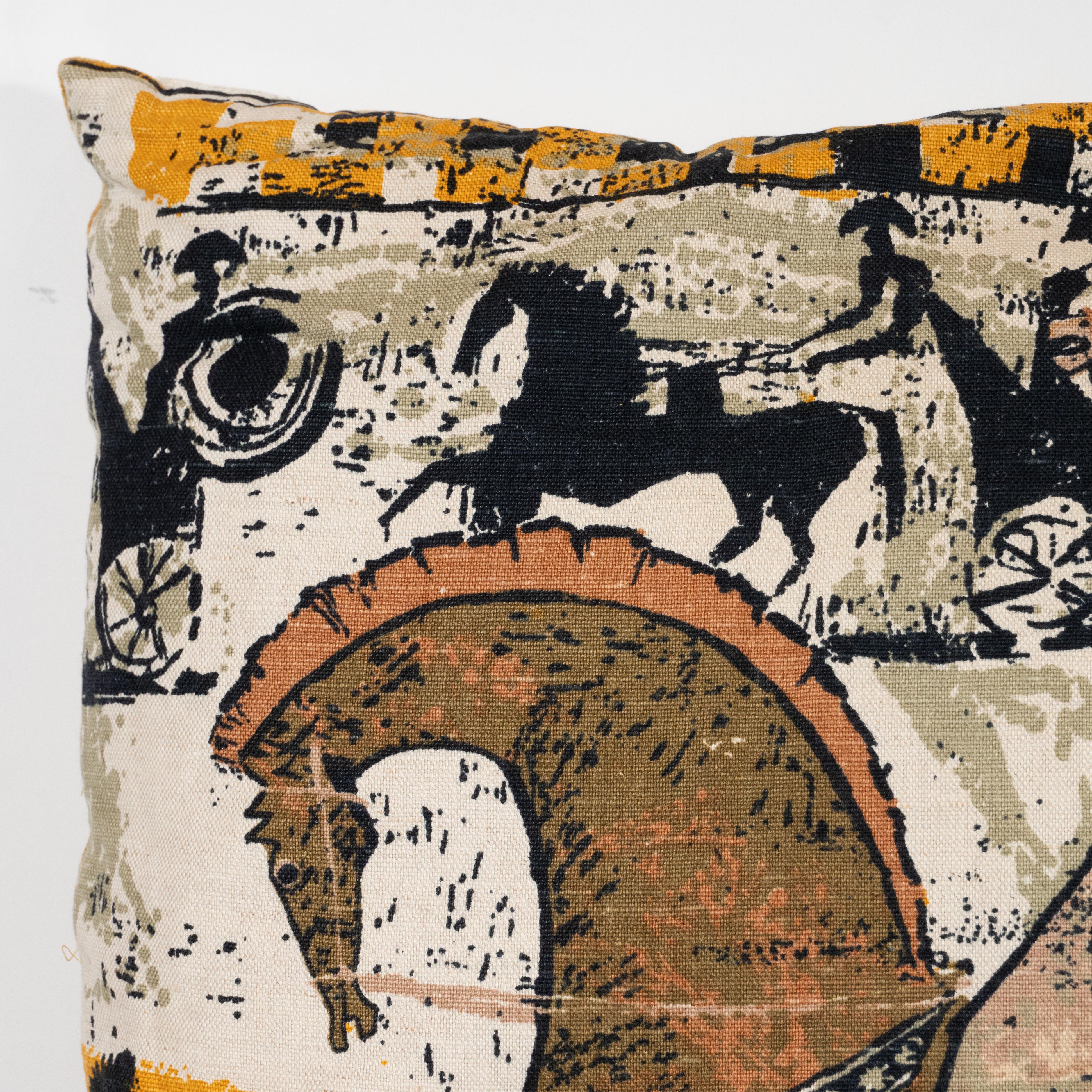 This graphic and rare pair of pillows were realized with Charles Eames original Etruscan print fabric depicting a stylized team of stallions, as well as the silhouette of a single horse pulling a cart. Inspired by ancient Rome, this wonderful