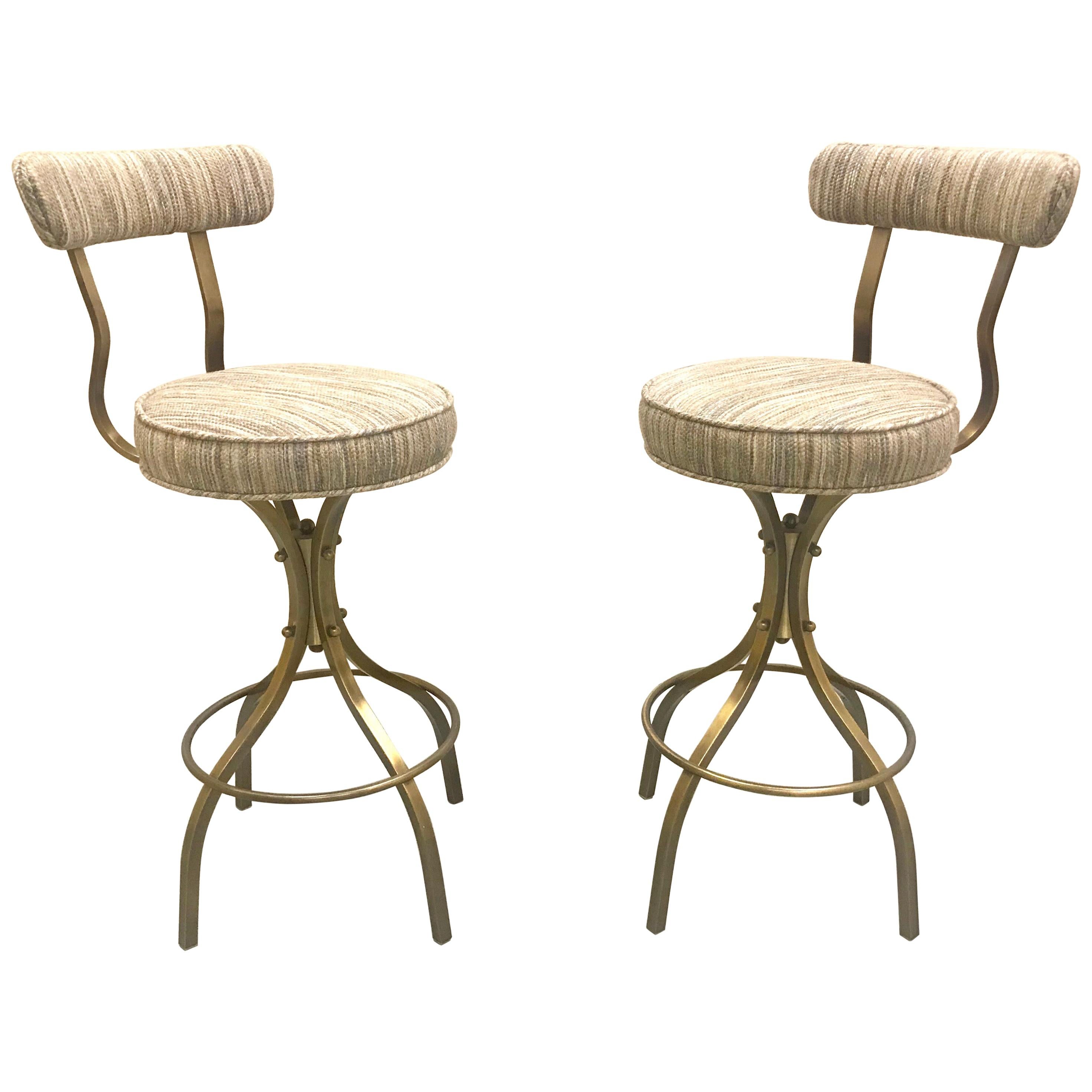 Pair of Charles Hollis Jones Brass "Sinatra" Counter Bar Stools For Sale