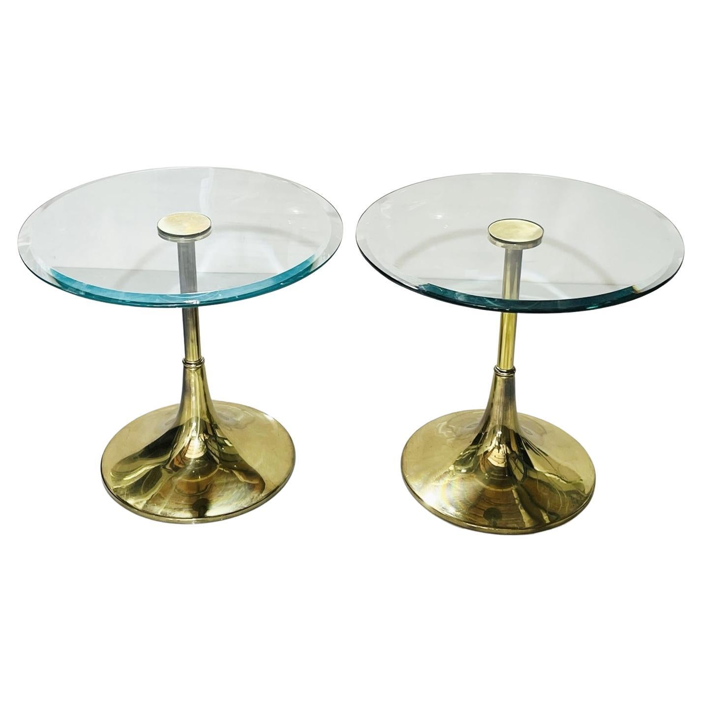 Pair of Charles Hollis Jones "Bugle" Base Side Tables in Brass & Glass