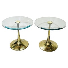 Used Pair of Charles Hollis Jones "Bugle" Base Side Tables in Brass & Glass