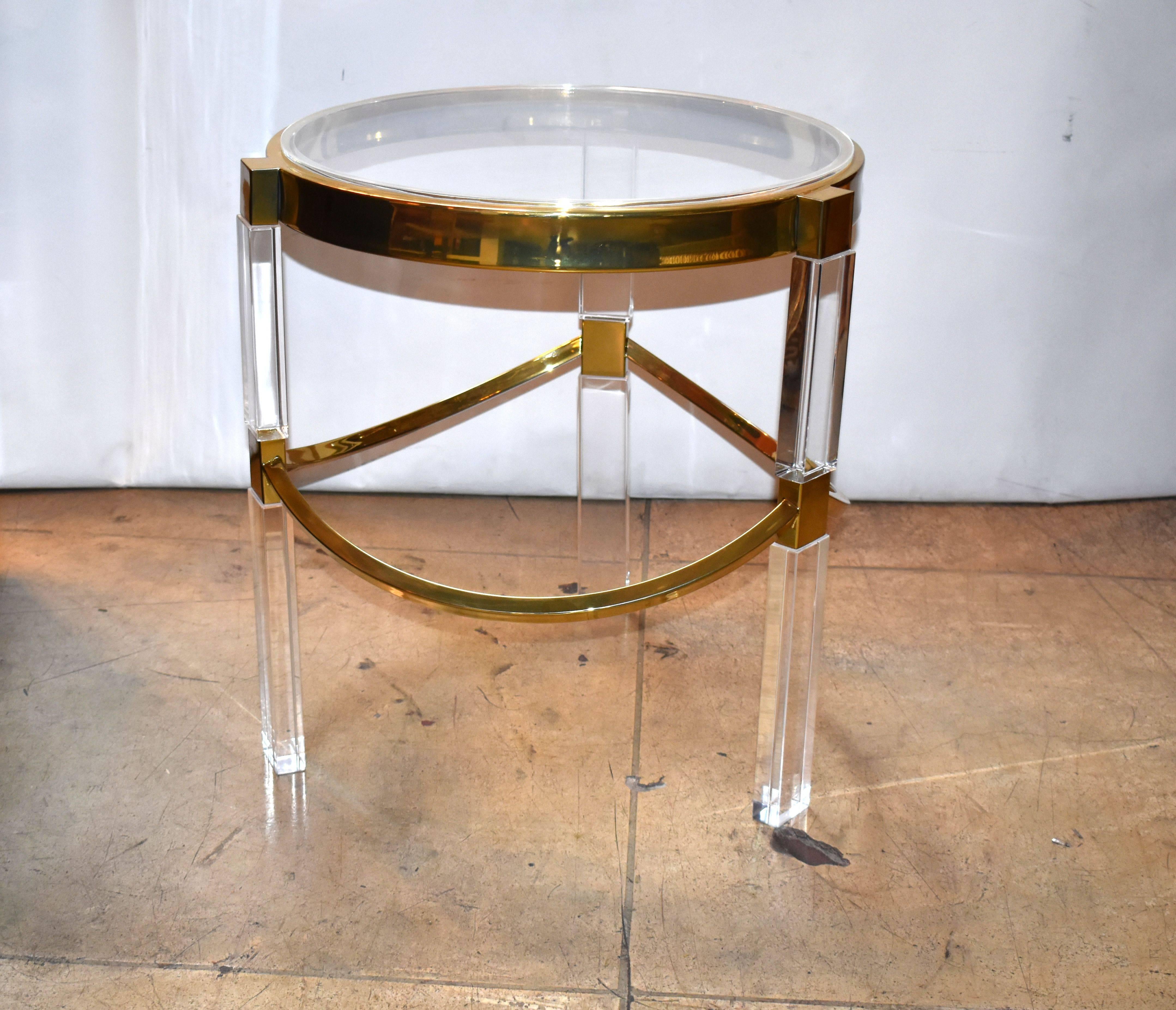 Pair of Charles Hollis Jones Lucite and Brass Side Tables 'Signed' In Good Condition In Cathedral City, CA