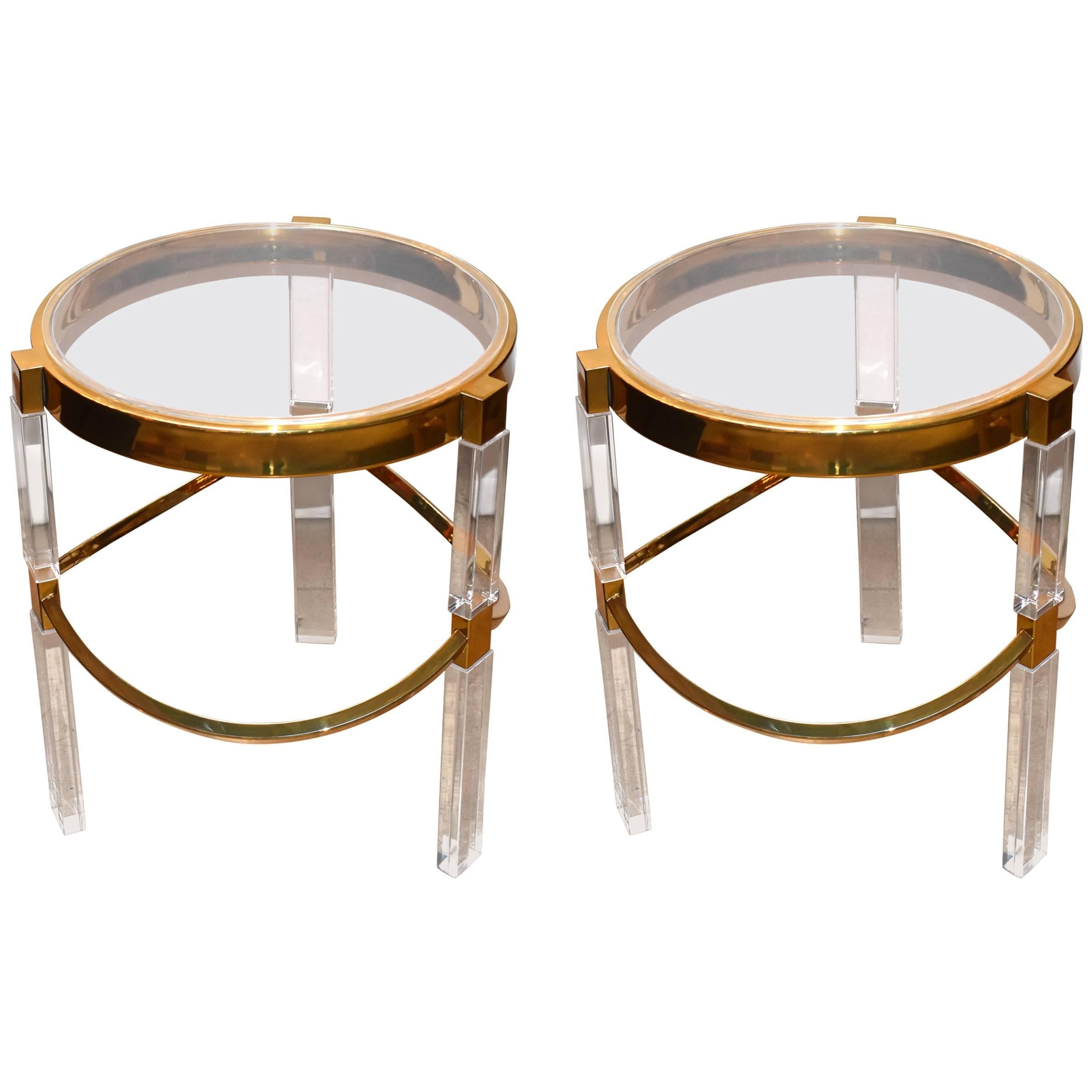 Pair of Charles Hollis Jones Lucite and Brass Side Tables 'Signed'