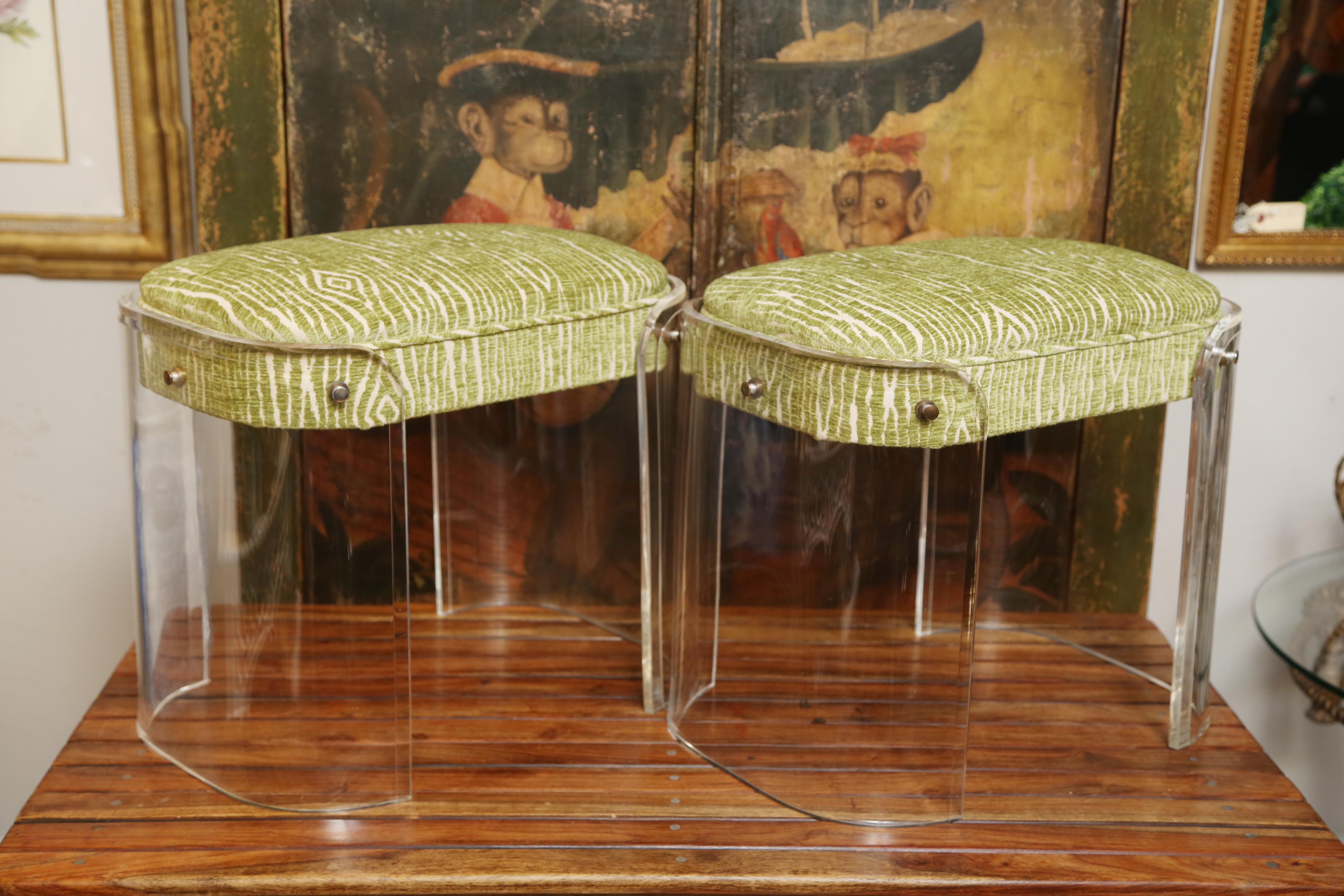 Pair of Charles Hollis Jones Lucite stools with newly upholstered seat cushions in green cut velvet.