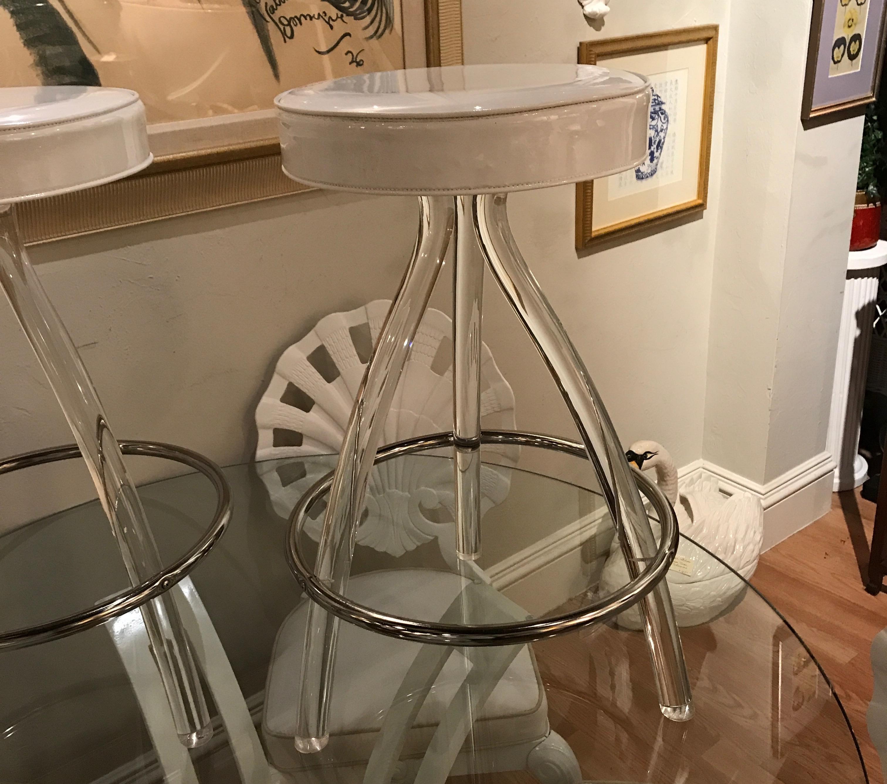 Vintage pair of Charles Hollis Jones Lucite and white patent leather counter height stools.