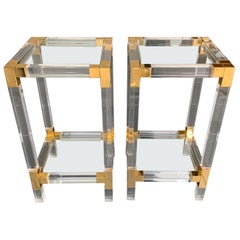 Pair of Charles Hollis Jones Style Lucite and Gilt Metal Side Tables
