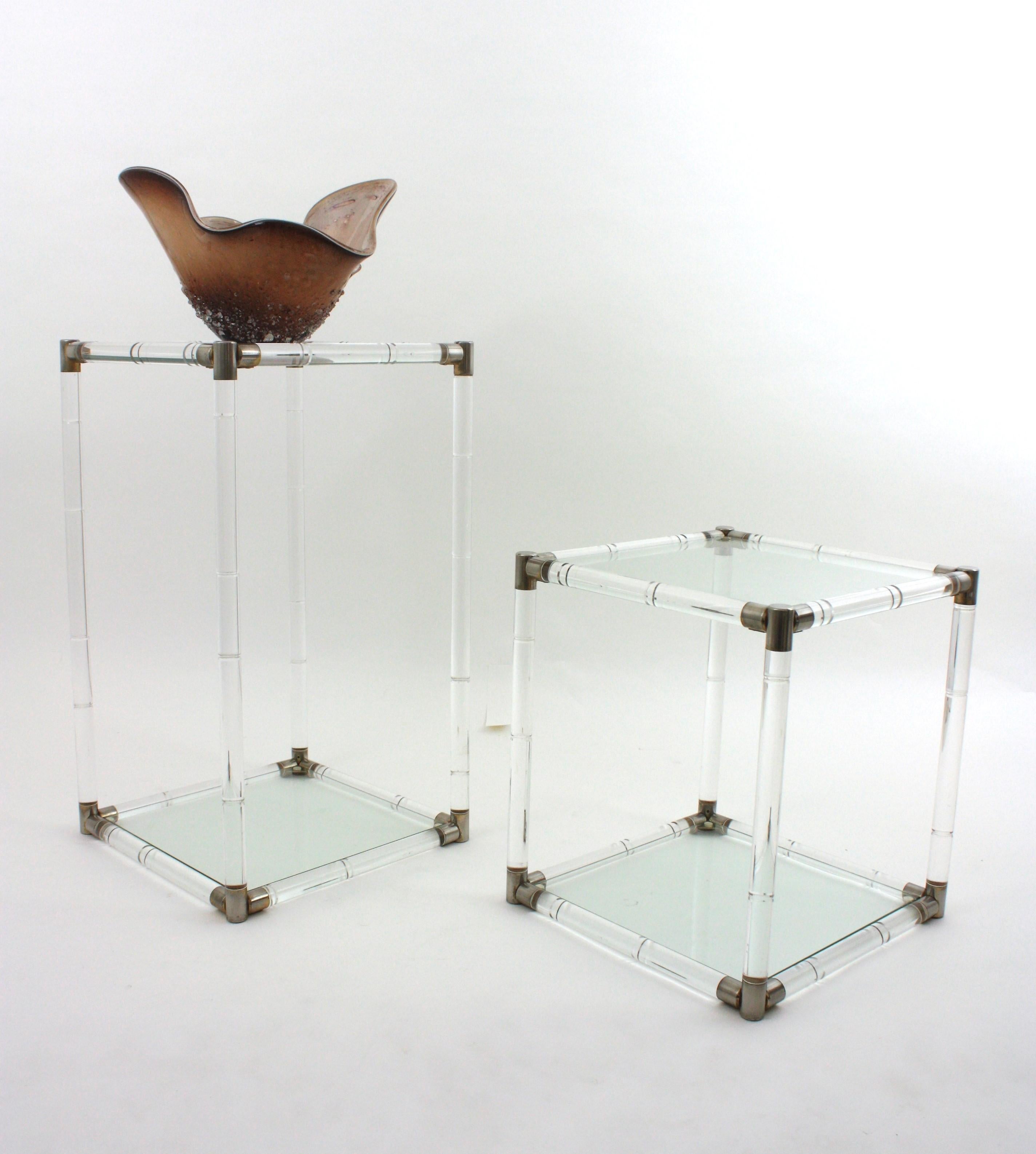 Metal Pair of Charles Hollis Jones Style Lucite and Glass Coffee Side Tables For Sale