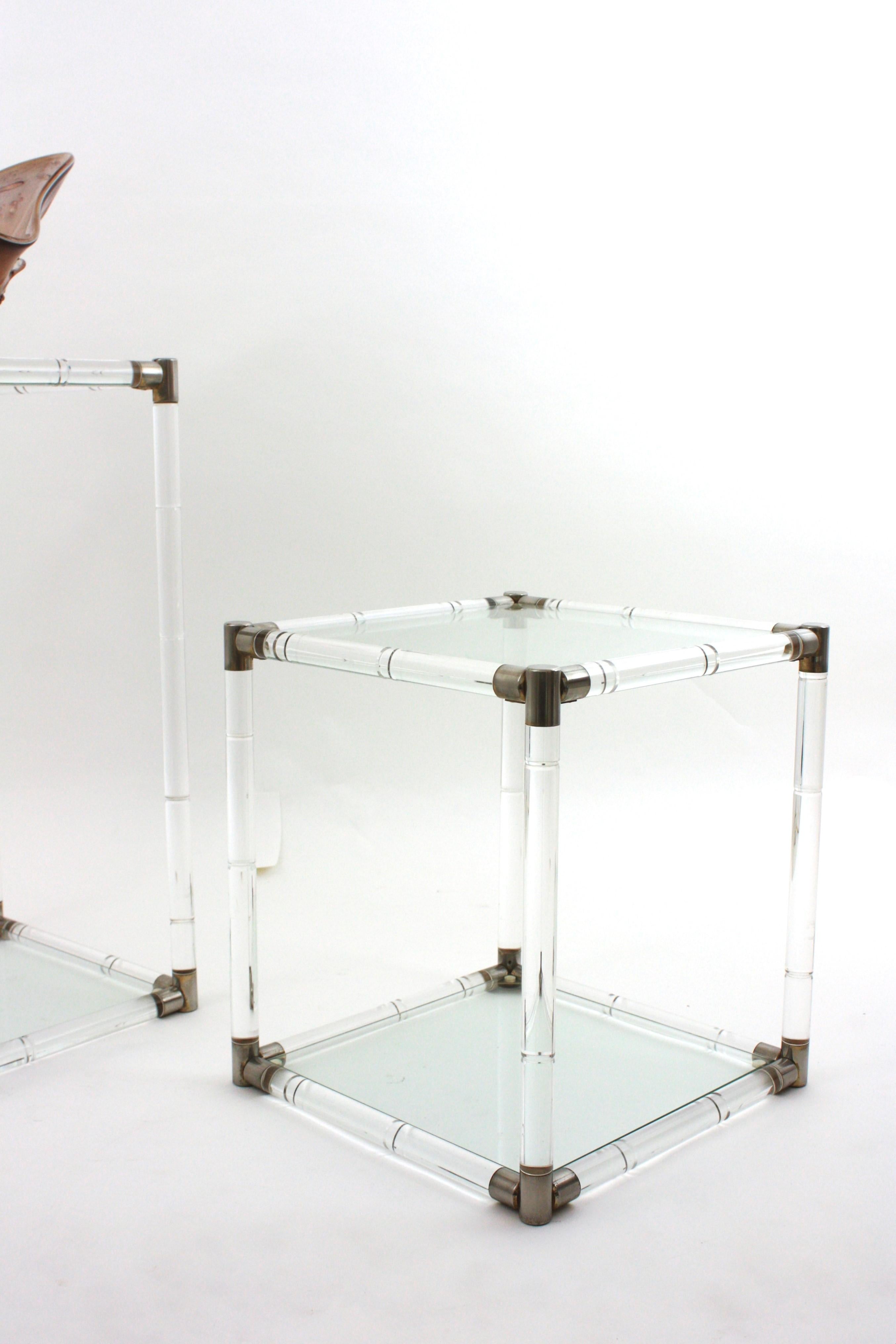 Pair of Charles Hollis Jones Style Lucite and Glass Coffee Side Tables For Sale 1