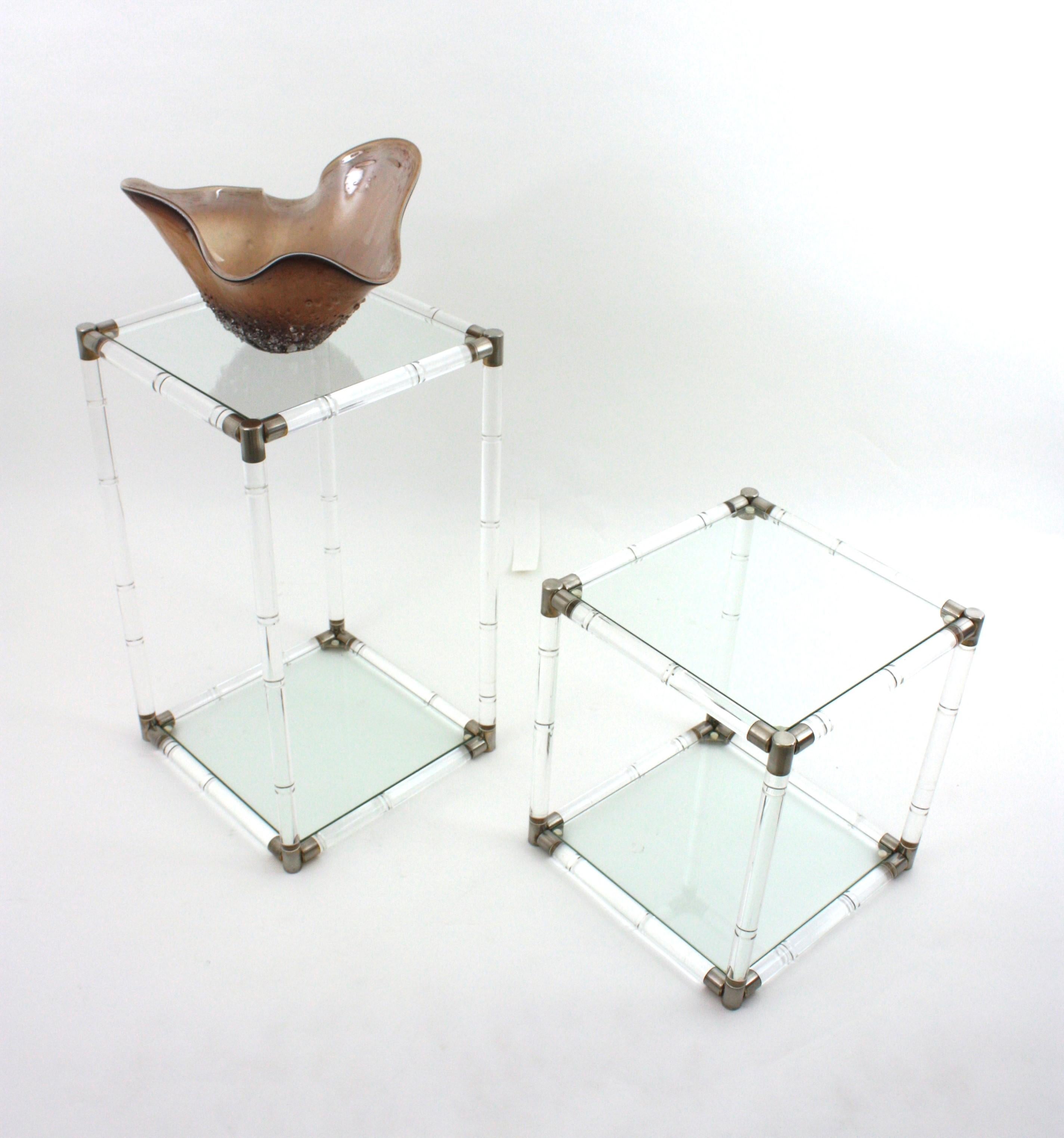 Pair of Charles Hollis Jones Style Lucite and Glass Coffee Side Tables For Sale 2