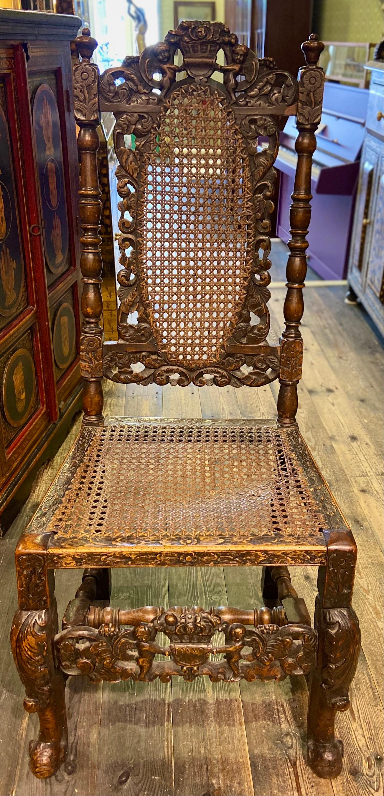 Pair of Charles II Beech and Caned Hall or Side Chairs In Fair Condition For Sale In Tetbury, GB