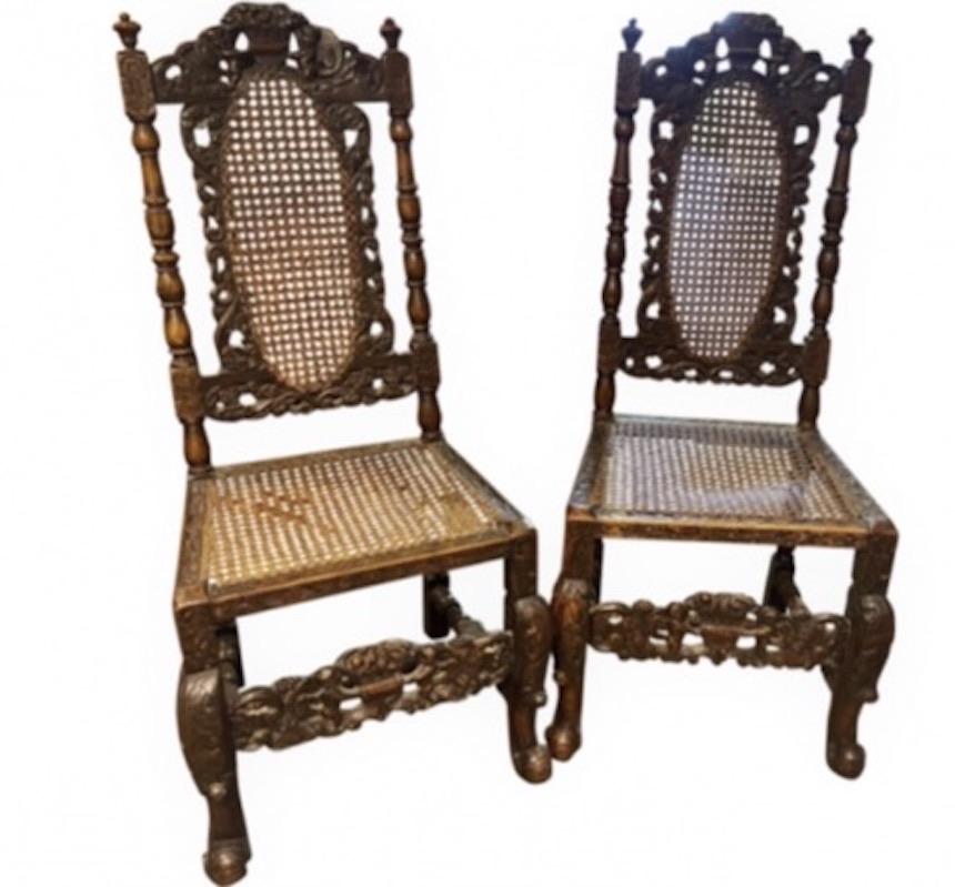 18th Century and Earlier Pair of Charles II Beech and Caned Hall or Side Chairs For Sale