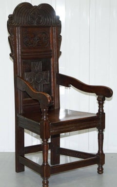 Pair of Charles II Original 1665 Dated Wainscot Armchairs English Carved Oak