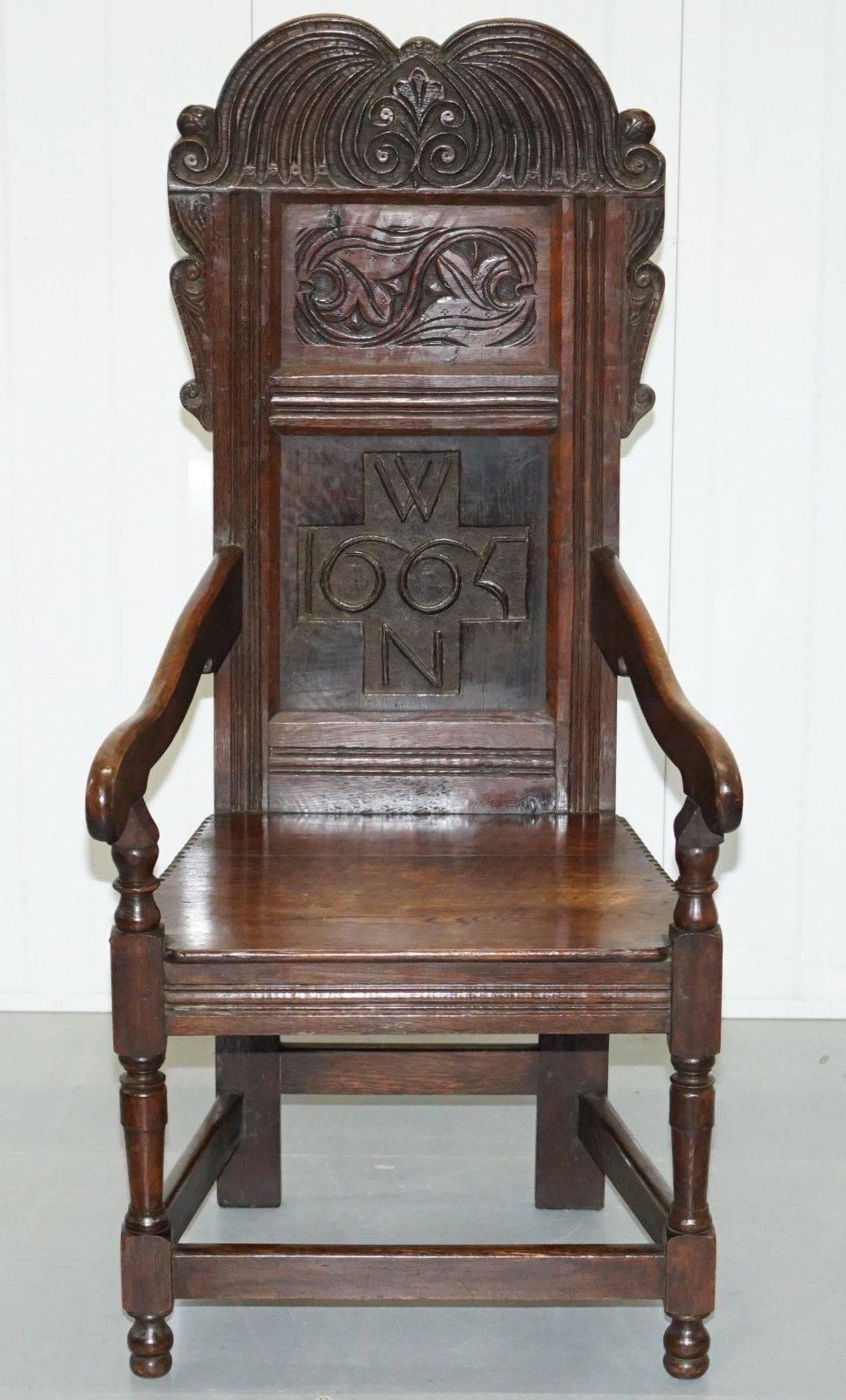 British Pair of Charles II Original 1665 Dated Wainscot Armchairs English Carved Oak