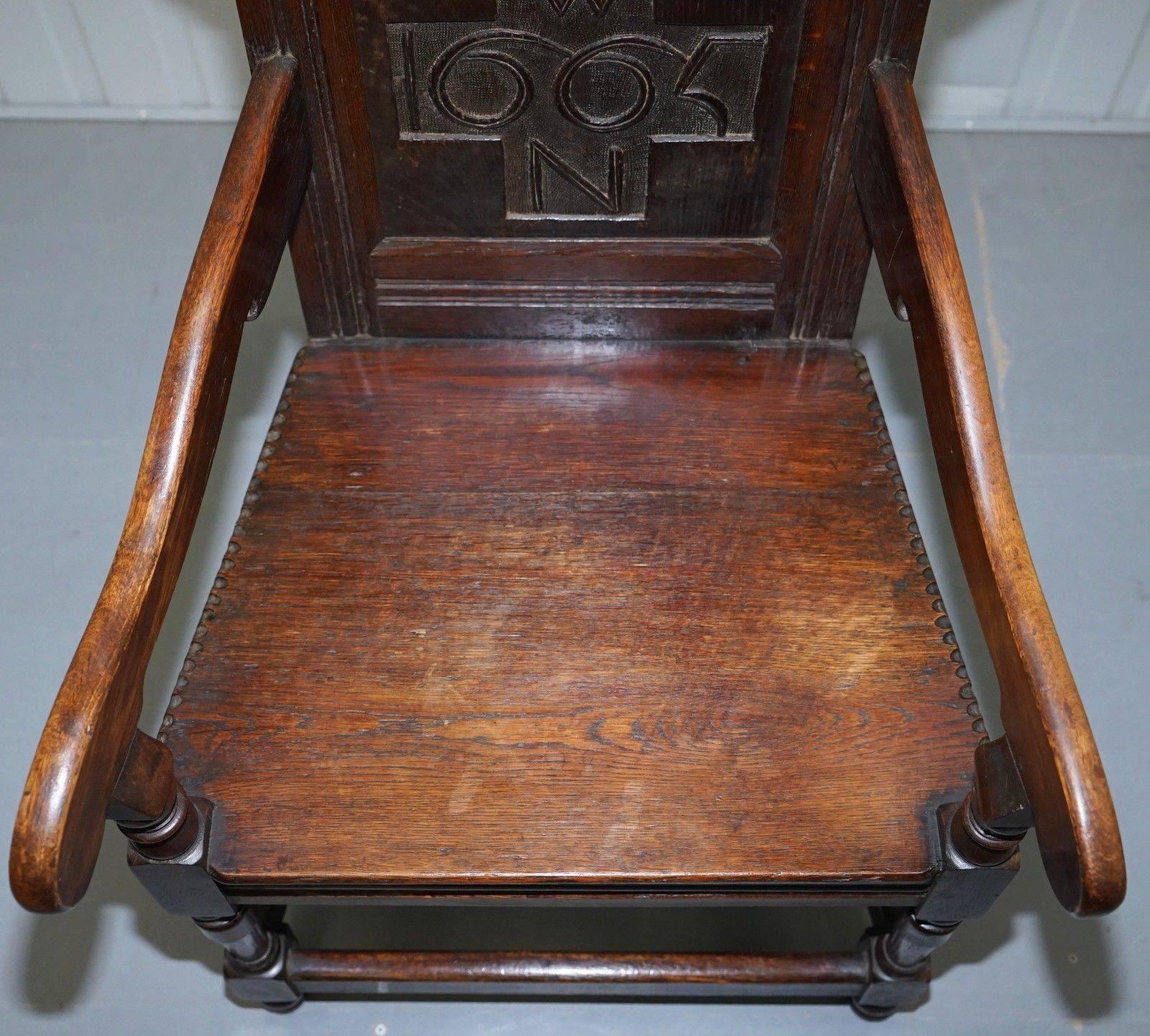 Mid-17th Century Pair of Charles II Original 1665 Dated Wainscot Armchairs English Carved Oak