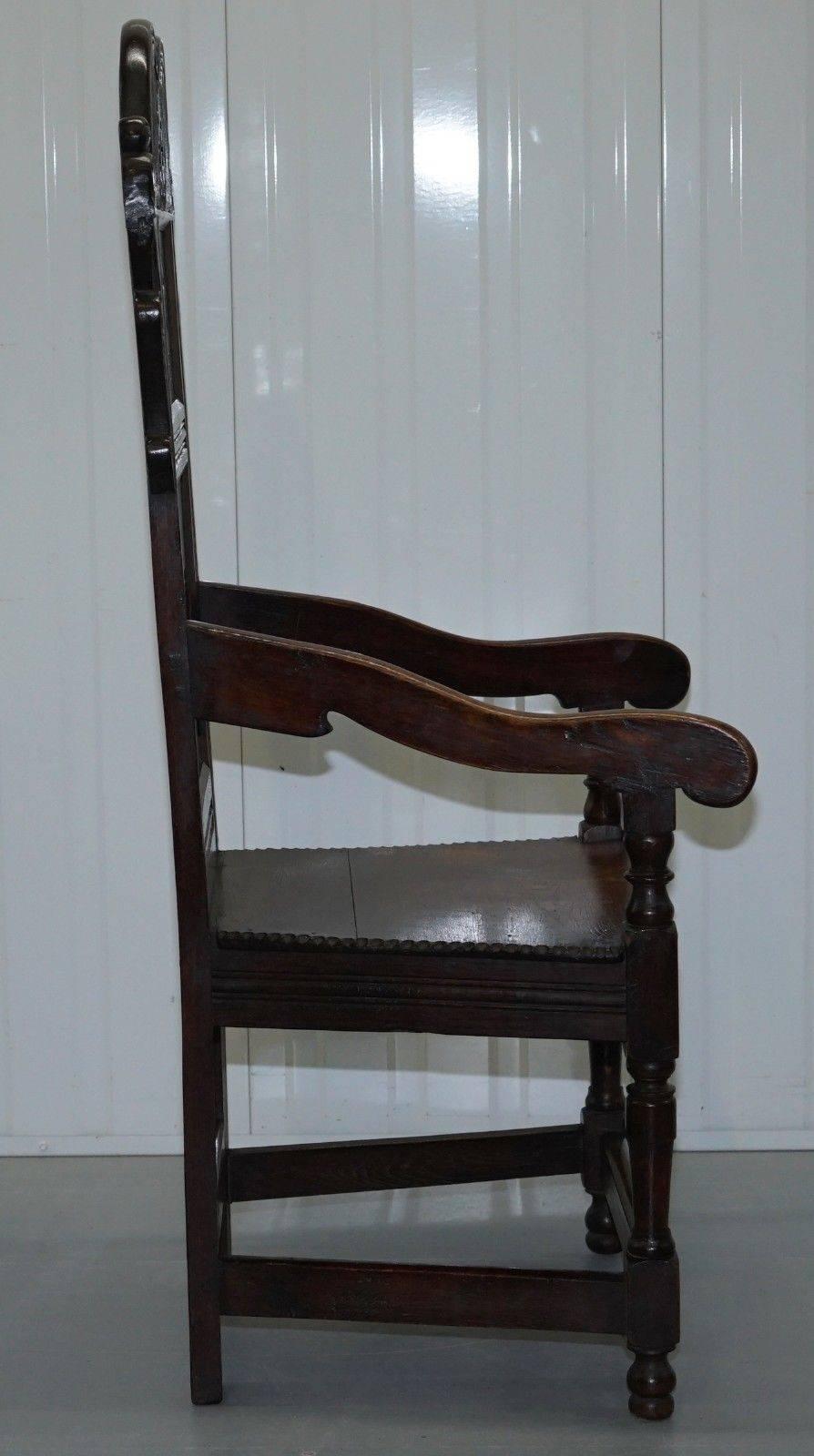 Pair of Charles II Original 1665 Dated Wainscot Armchairs English Carved Oak 2