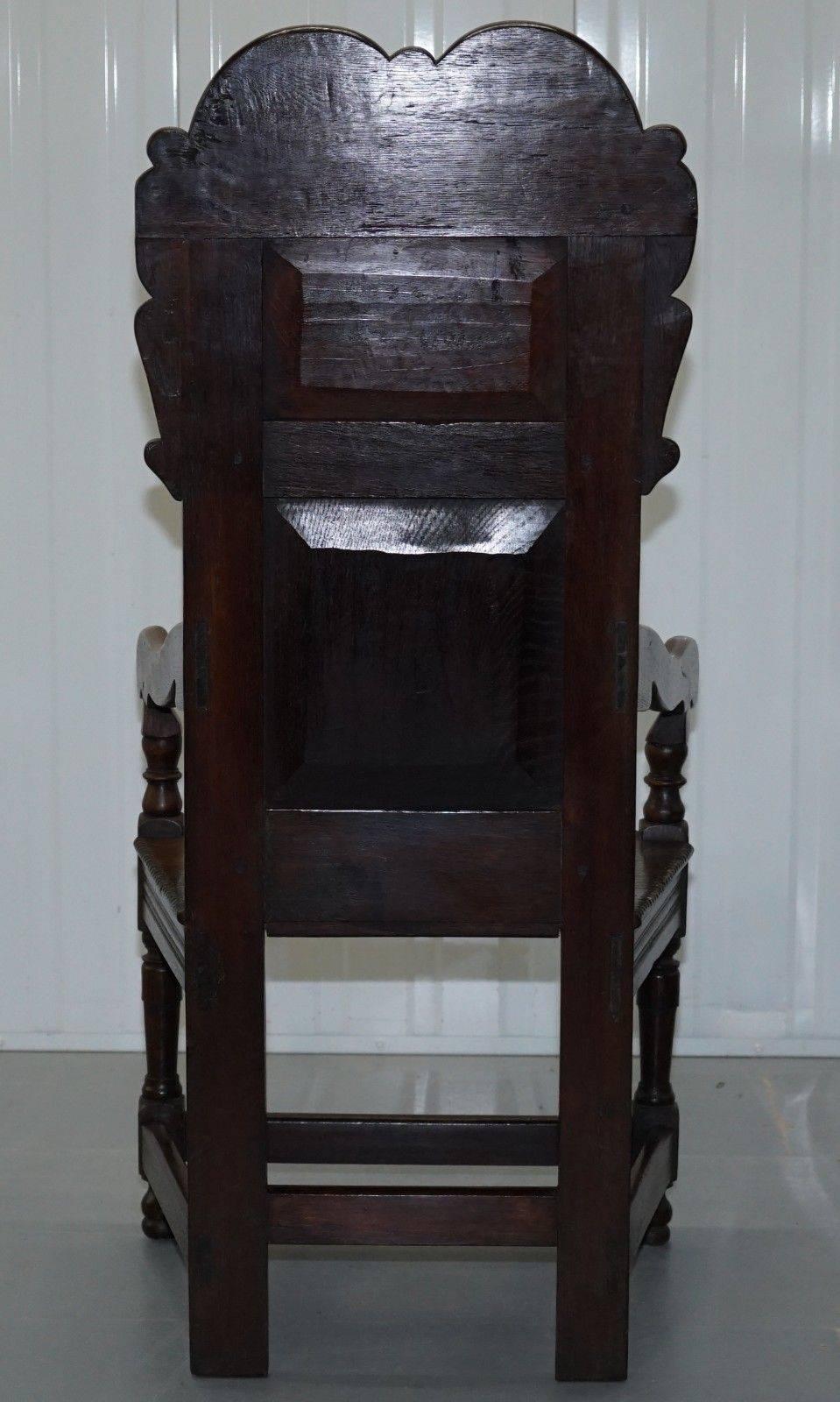Pair of Charles II Original 1665 Dated Wainscot Armchairs English Carved Oak 3