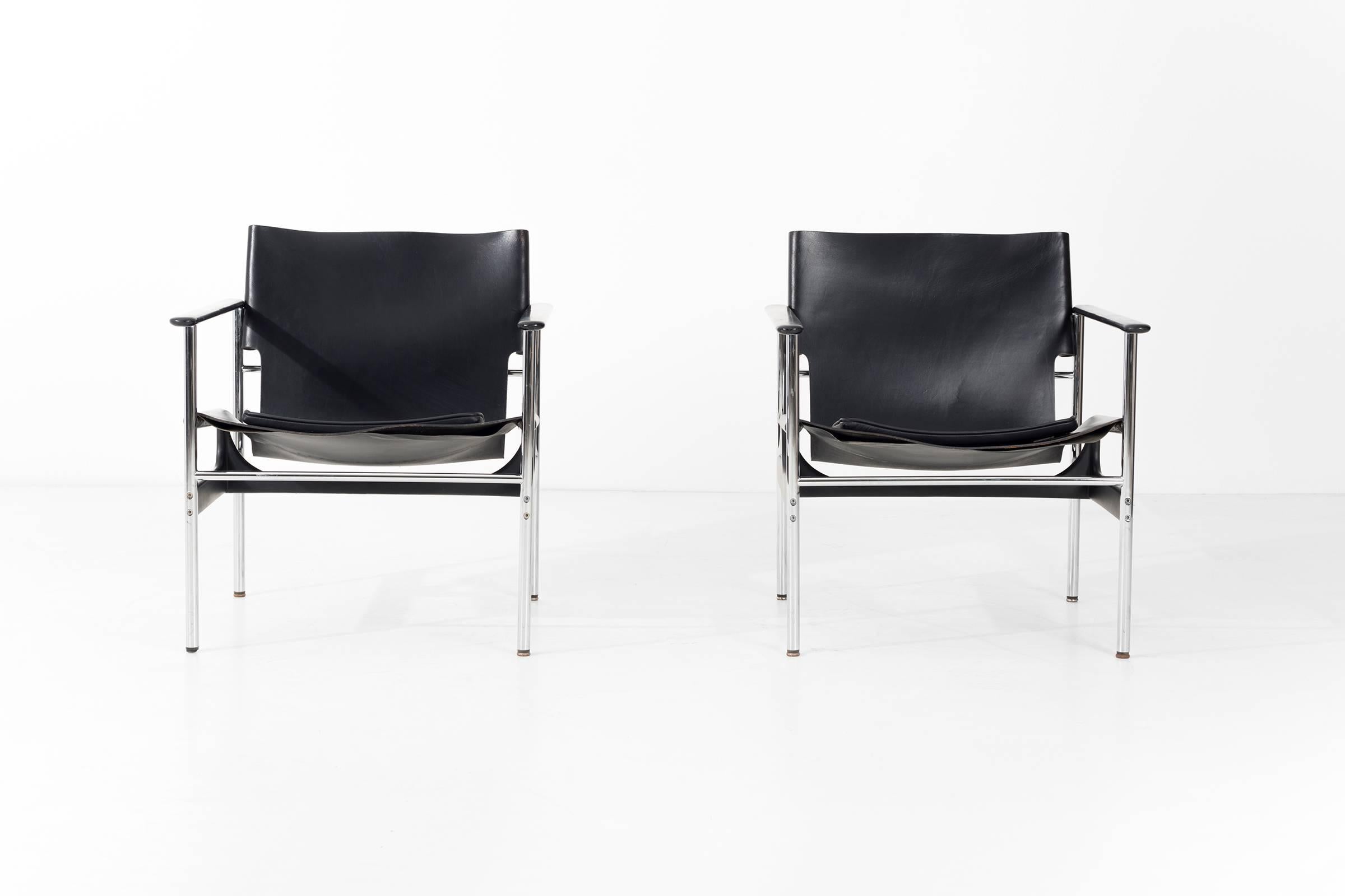 Mid-Century Modern Pair of Charles Pollock Black Leather Lounge Chairs