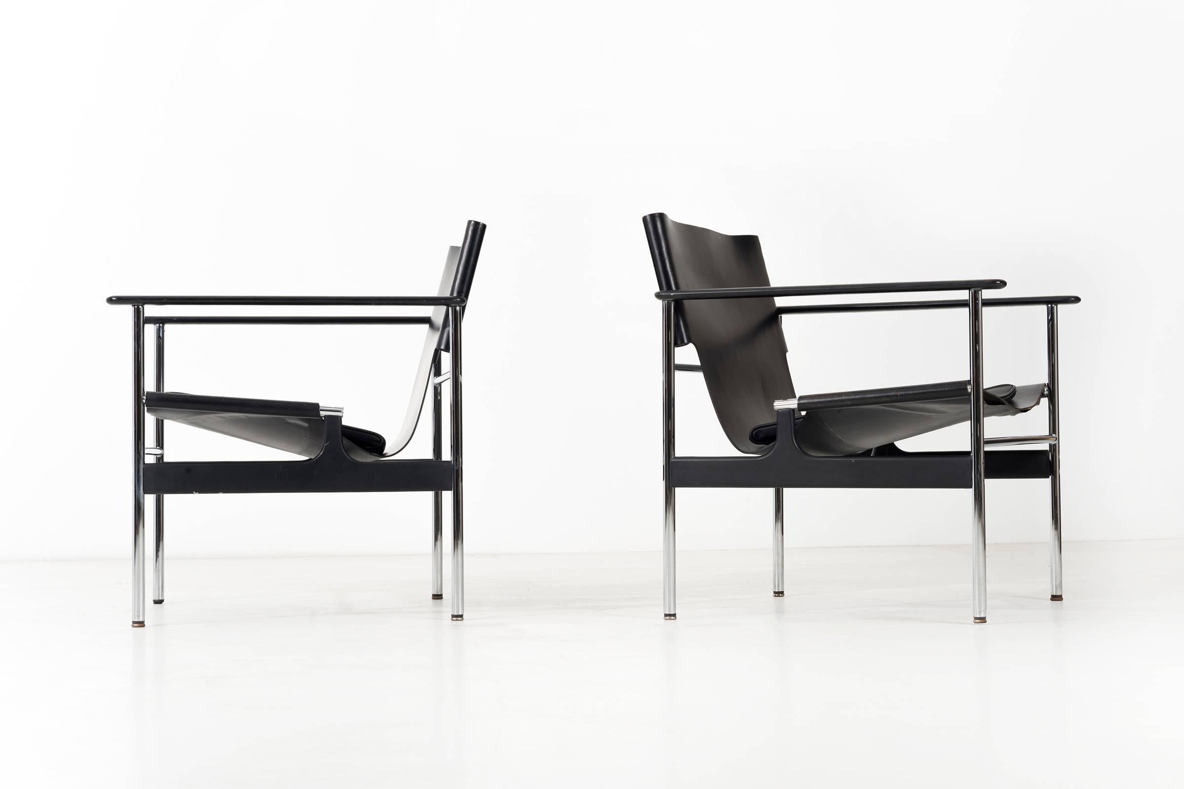 Enameled Pair of Charles Pollock Black Leather Lounge Chairs