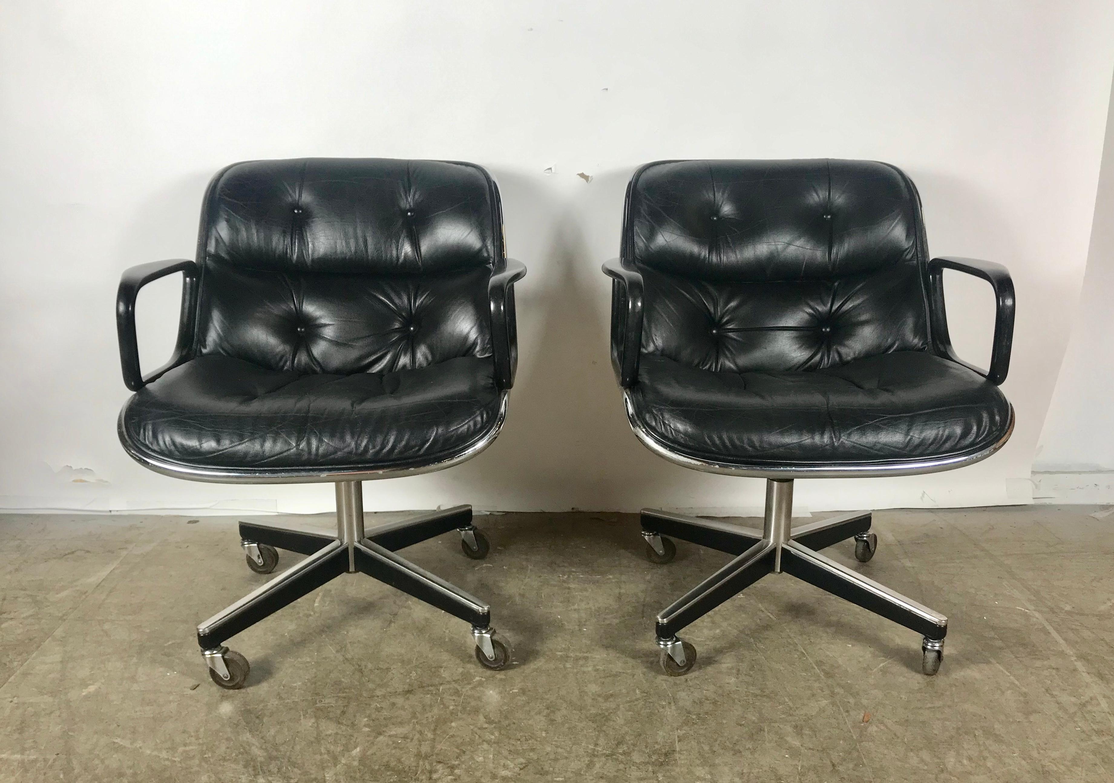 Pair of Charles Pollock Executive armchairs in leather for Knoll International. Tilt, swivel and castors. Nice original vintage condition, minor scratches to back side. Retain original Knoll labels.

Charles Pollock 

Charles Pollock worked in