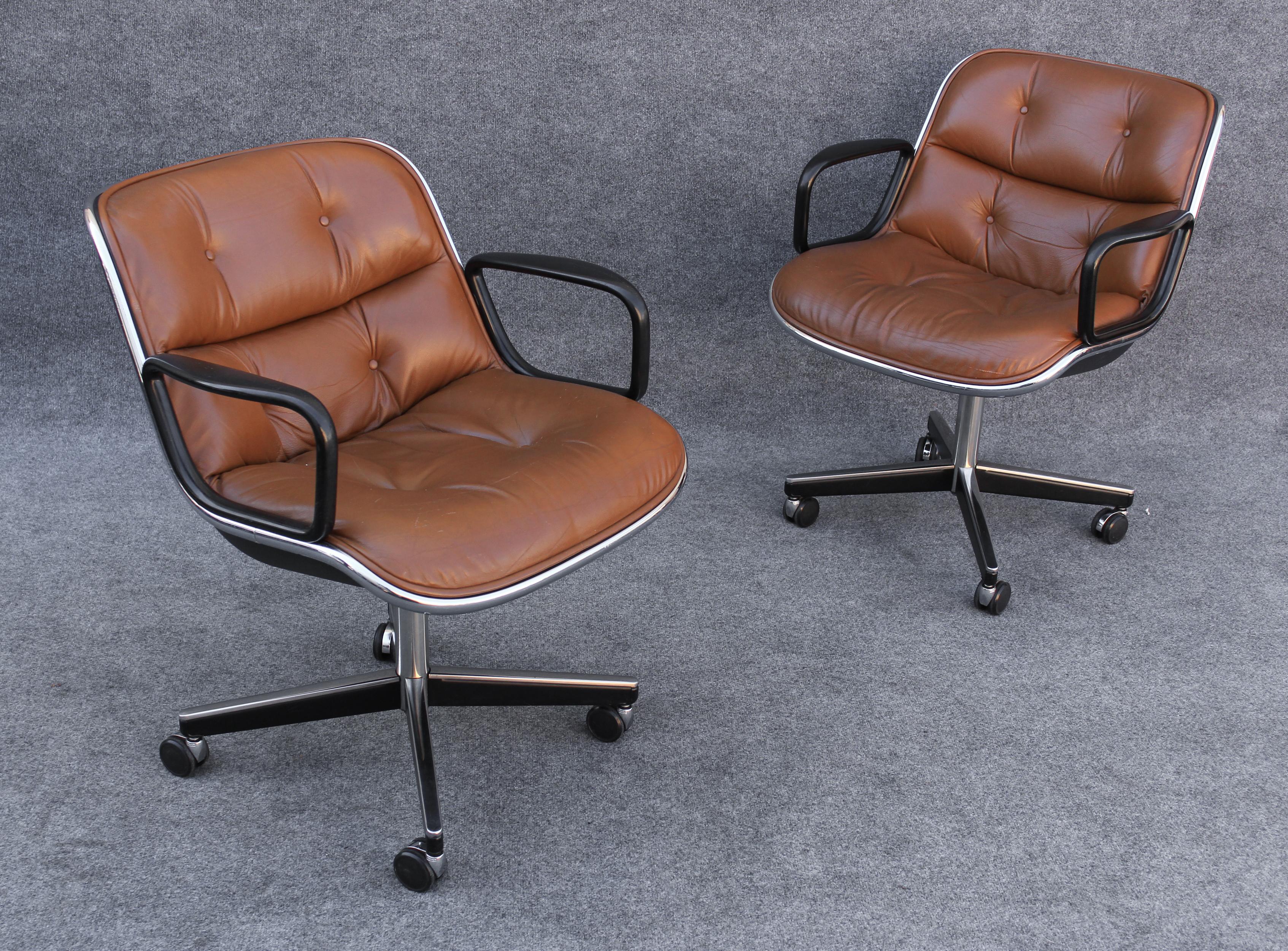 Pair of Charles Pollock for Knoll Arm or Desk Chairs in Brown Leather & Black 5