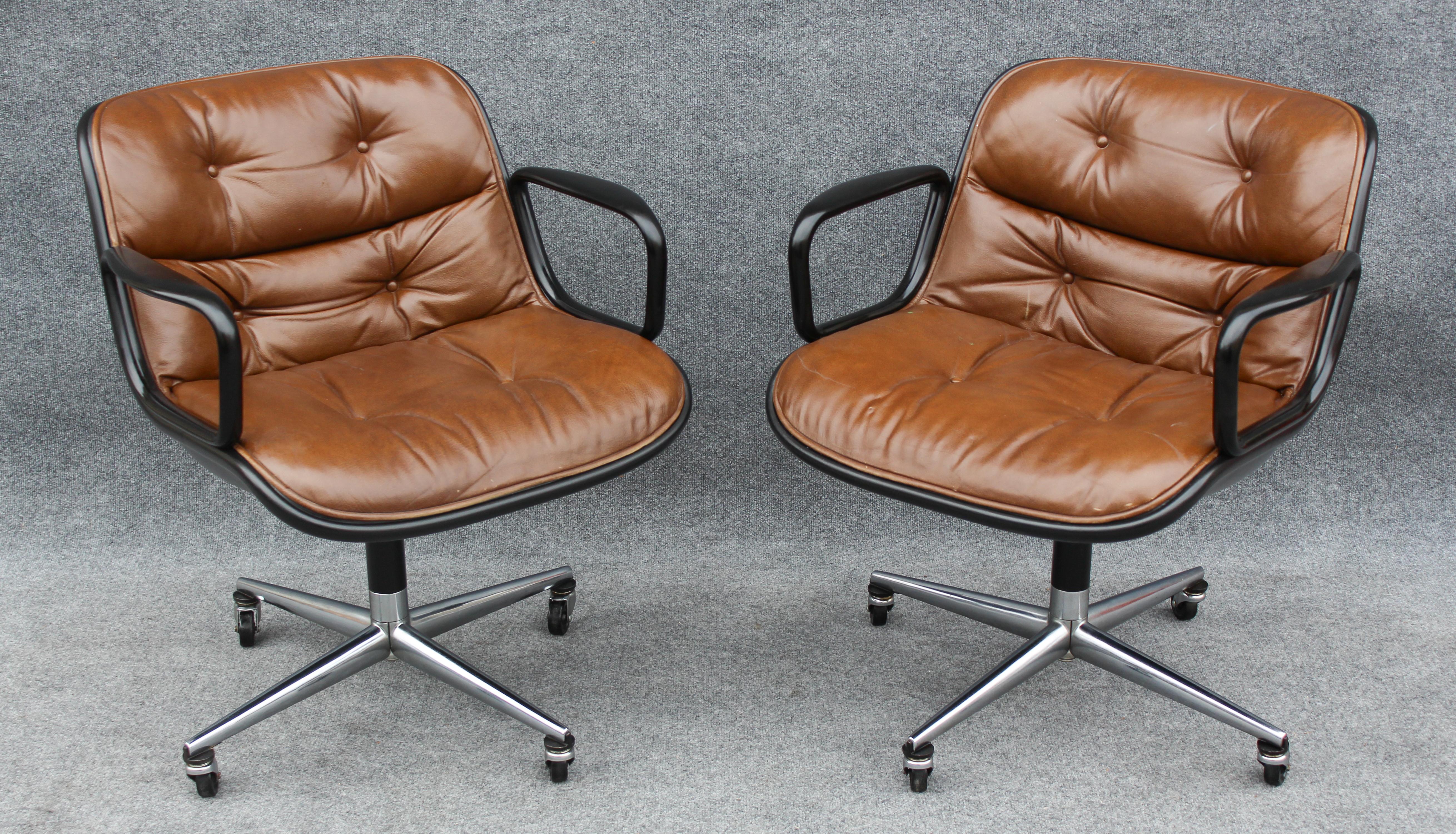 Mid-Century Modern Pair of Charles Pollock for Knoll Arm or Desk Chairs in Brown Leather & Black