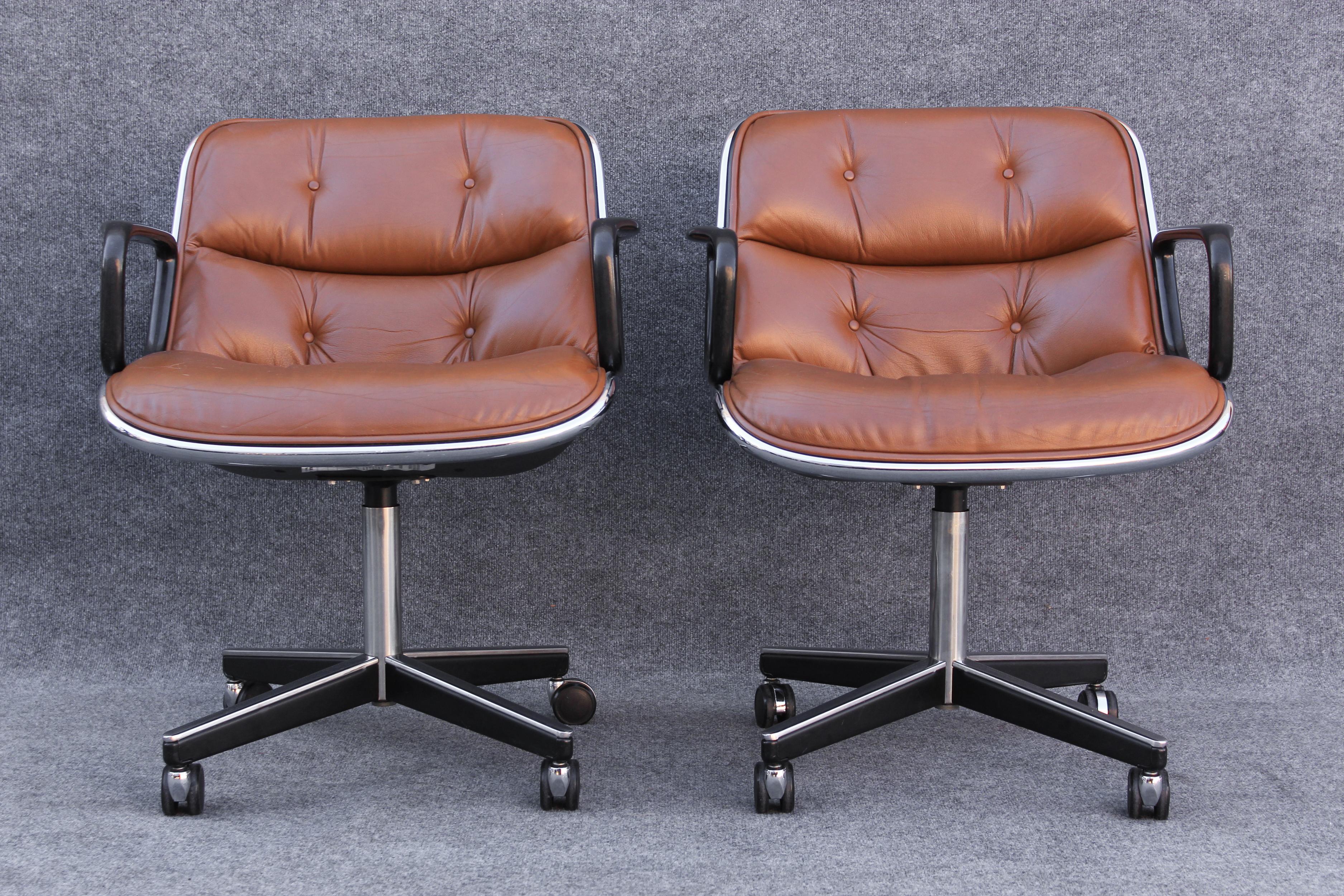Mid-Century Modern Pair of Charles Pollock for Knoll Arm or Desk Chairs in Brown Leather & Black