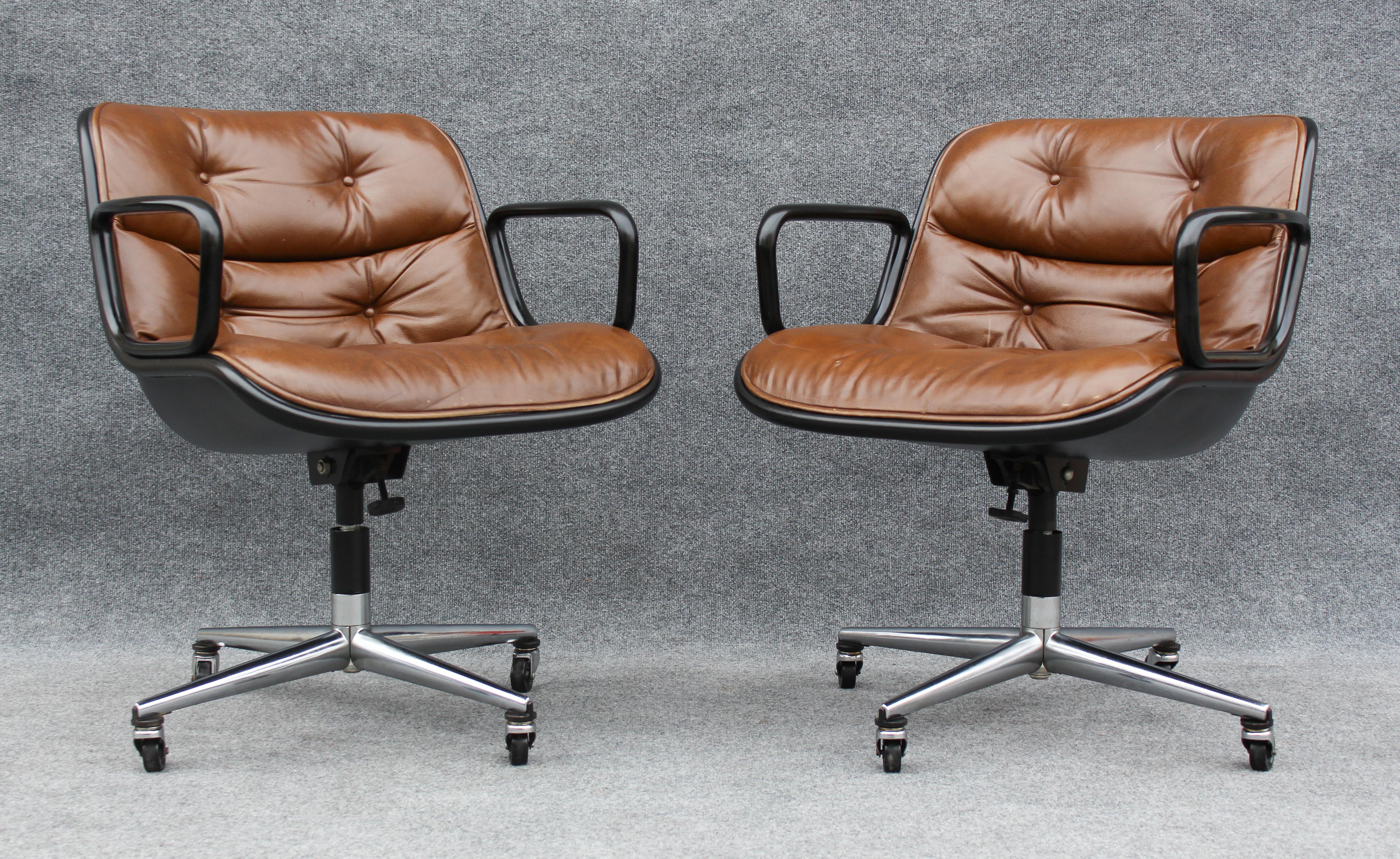 American Pair of Charles Pollock for Knoll Arm or Desk Chairs in Brown Leather & Black
