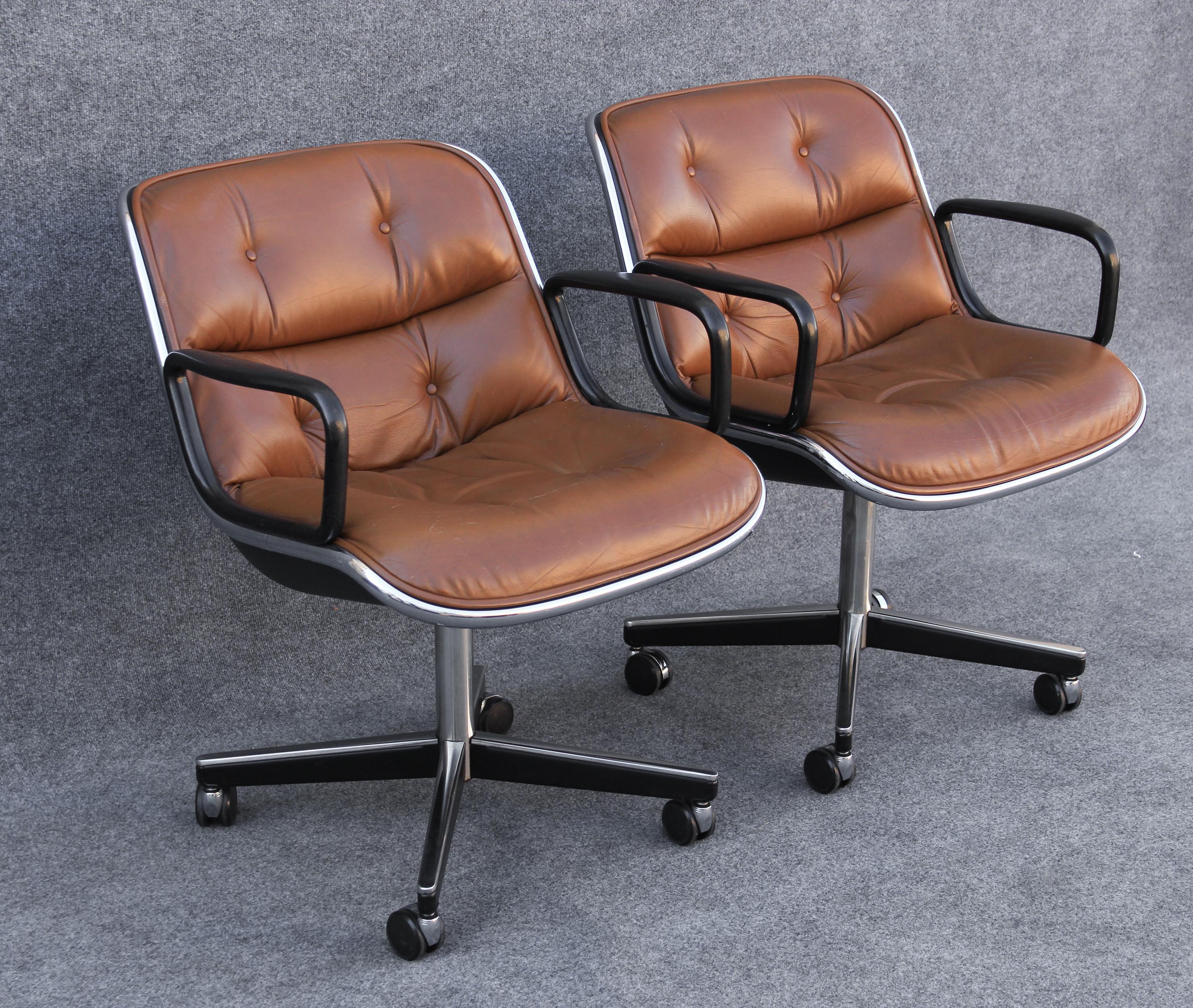 American Pair of Charles Pollock for Knoll Arm or Desk Chairs in Brown Leather & Black