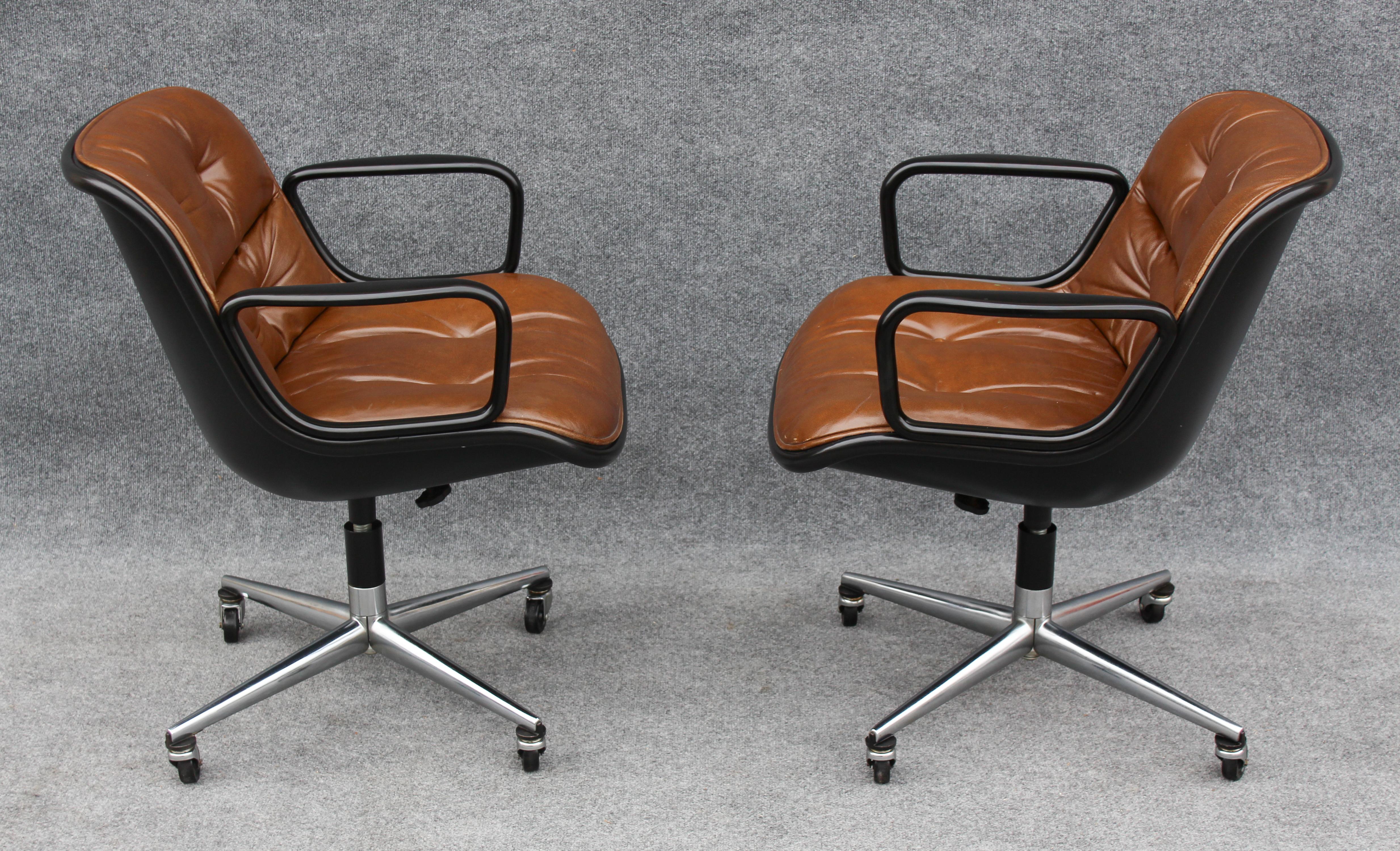 Late 20th Century Pair of Charles Pollock for Knoll Arm or Desk Chairs in Brown Leather & Black