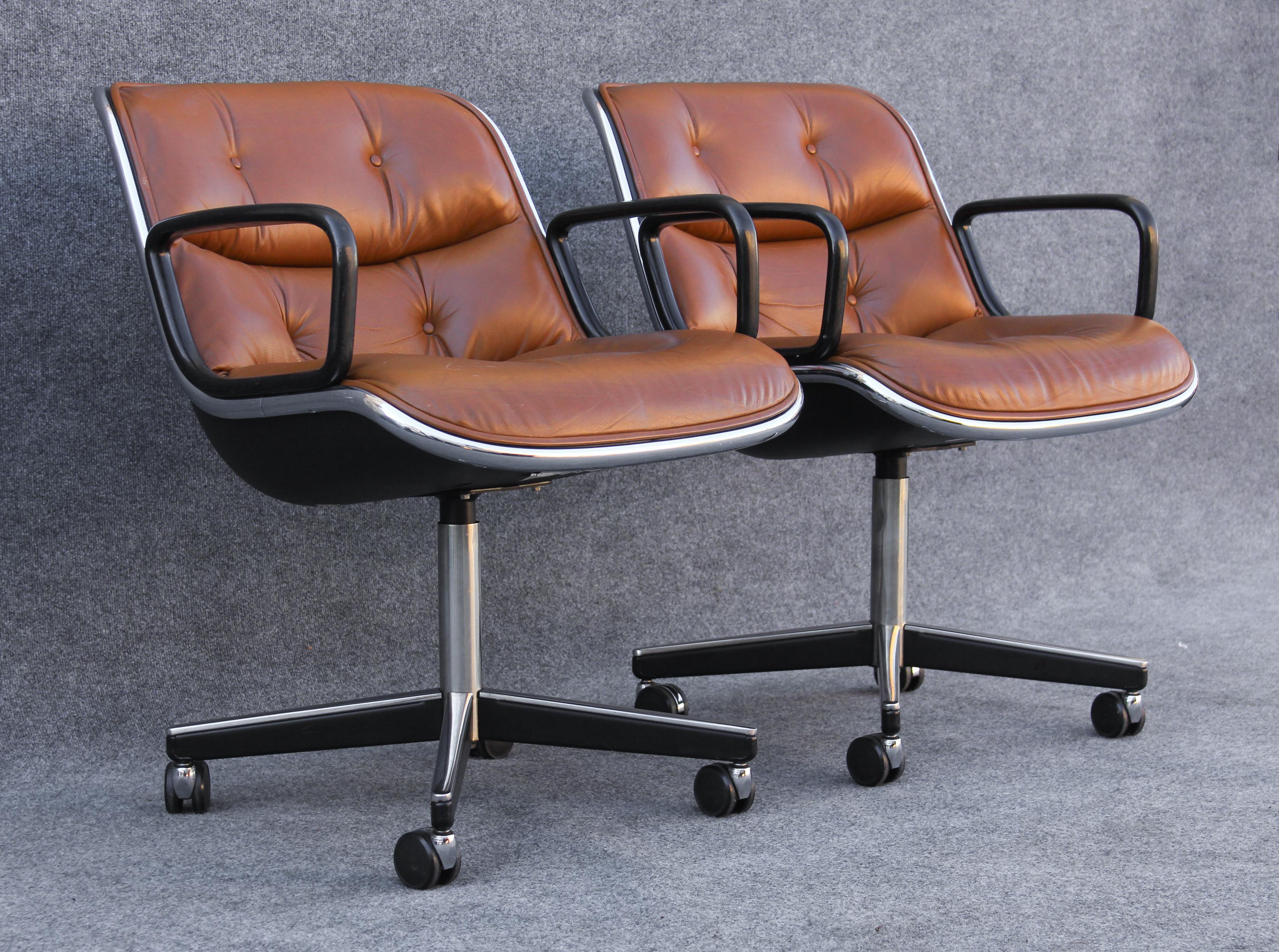 Mid-20th Century Pair of Charles Pollock for Knoll Arm or Desk Chairs in Brown Leather & Black