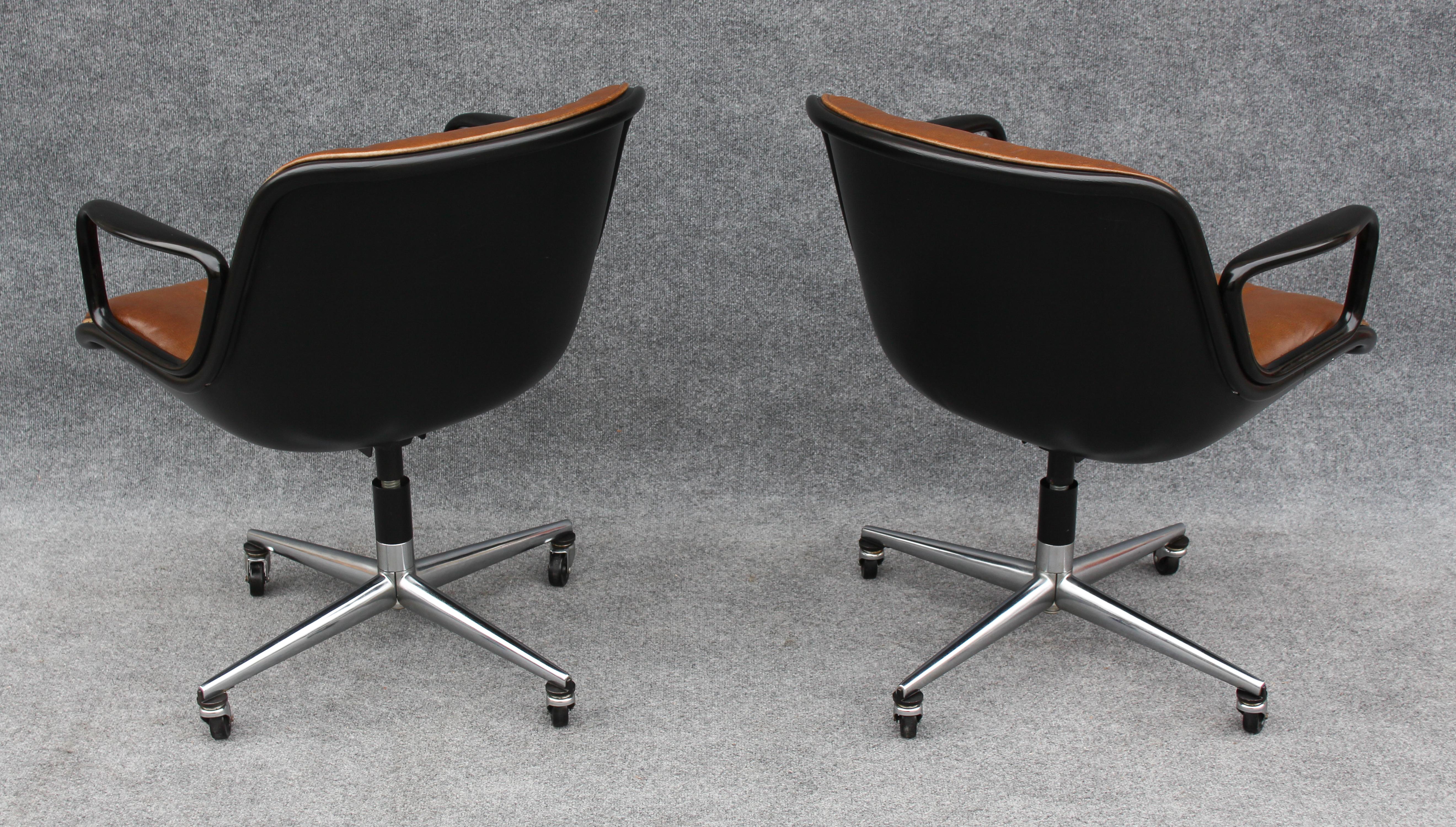 Steel Pair of Charles Pollock for Knoll Arm or Desk Chairs in Brown Leather & Black