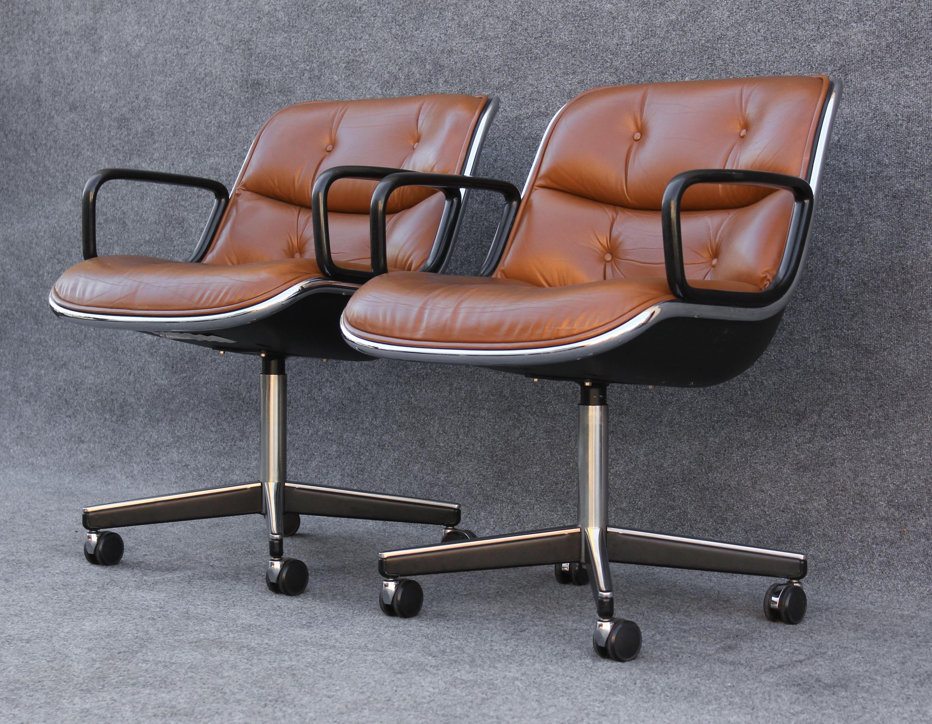 Steel Pair of Charles Pollock for Knoll Arm or Desk Chairs in Brown Leather & Black