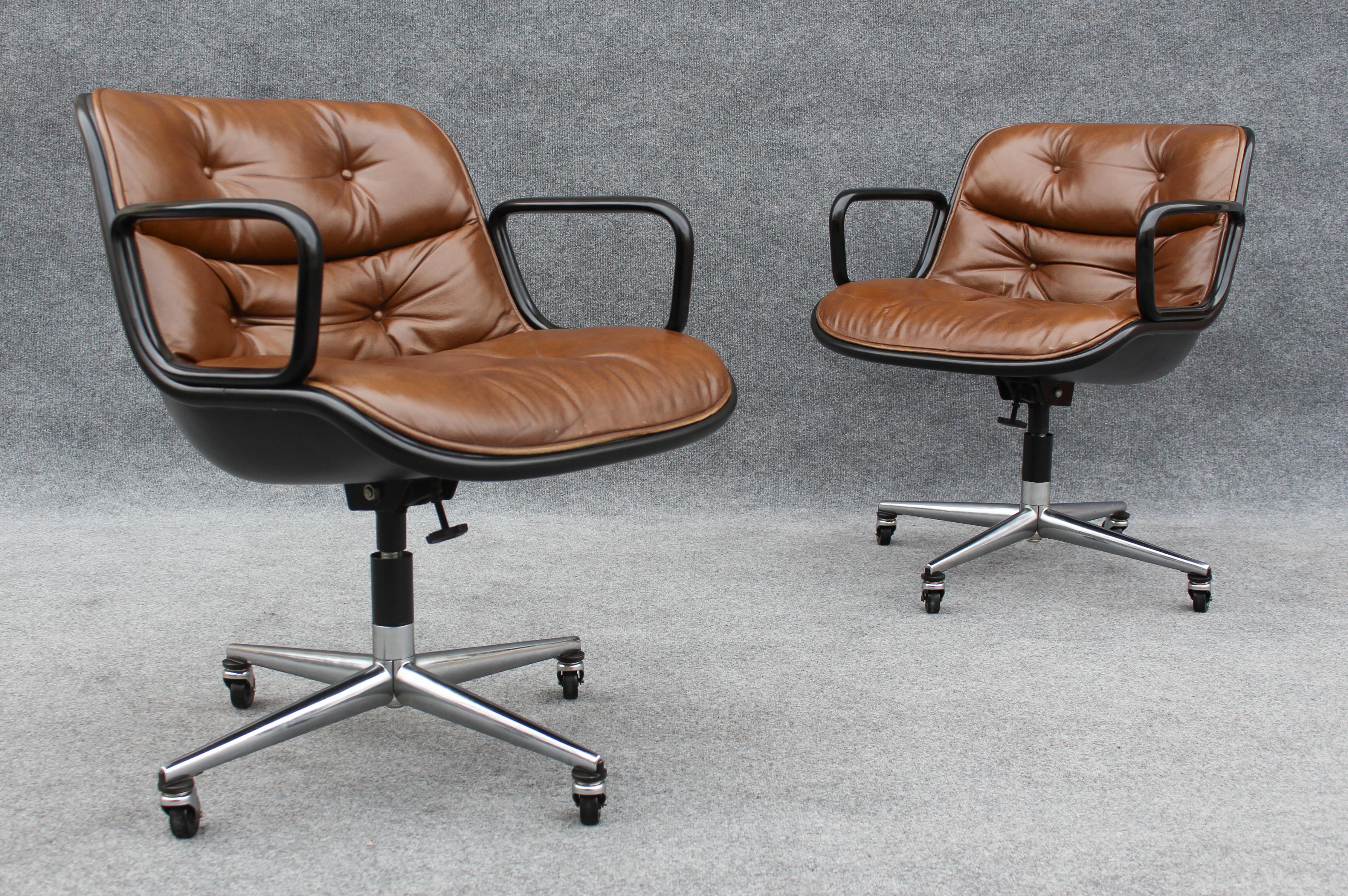 Pair of Charles Pollock for Knoll Arm or Desk Chairs in Brown Leather & Black 1