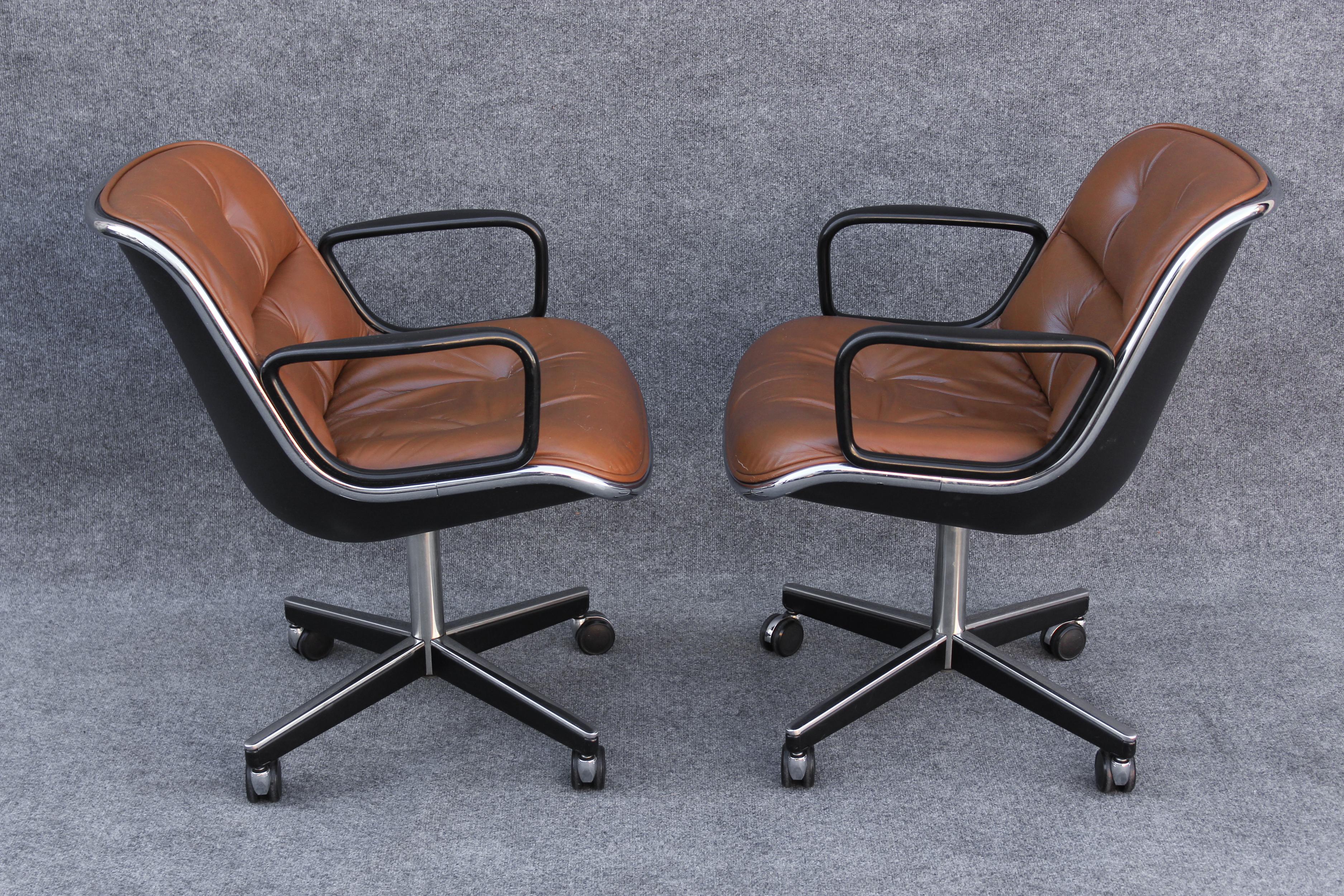 Pair of Charles Pollock for Knoll Arm or Desk Chairs in Brown Leather & Black 2