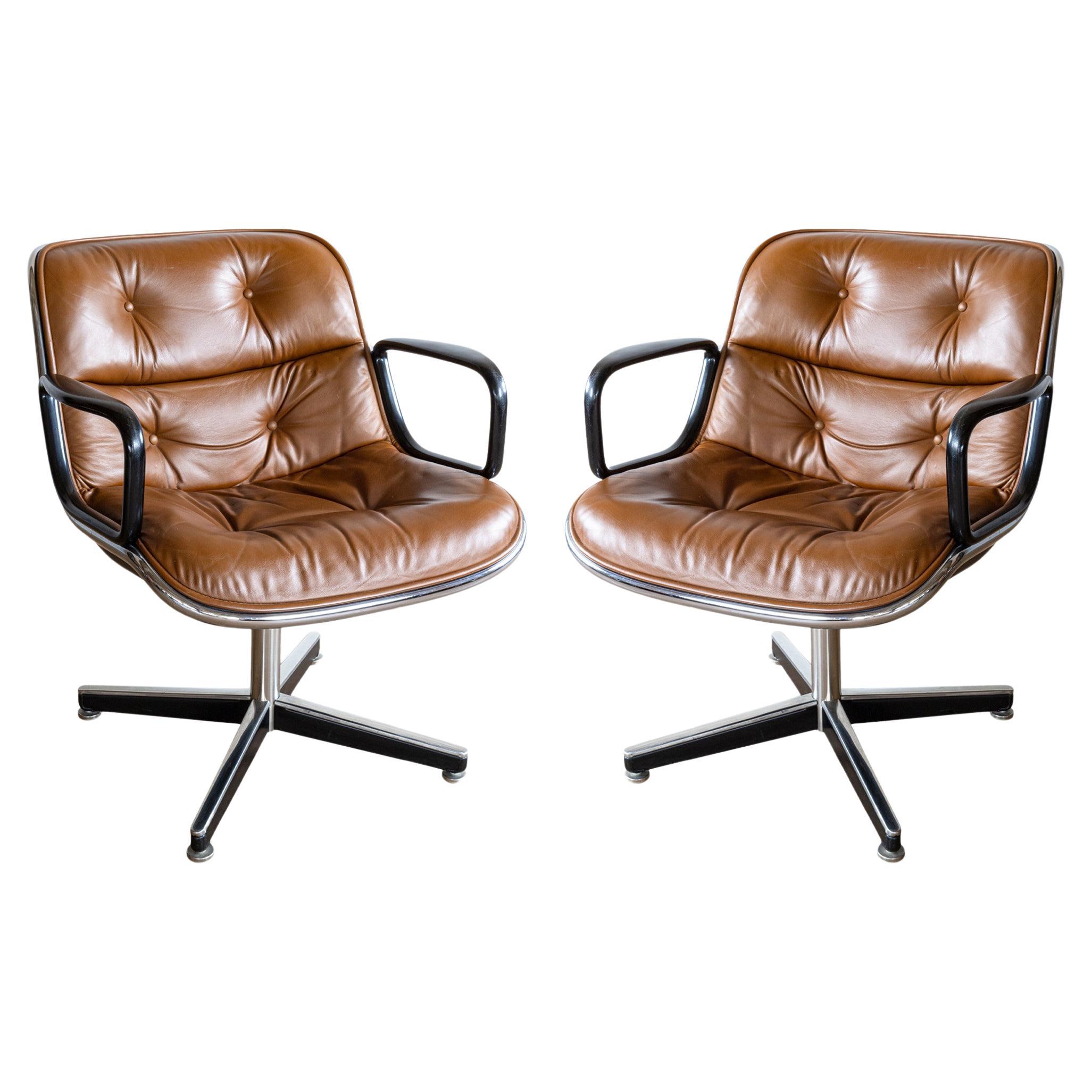 Pair of Charles Pollock for Knoll Mid Century Brown Leather Executive Chairs