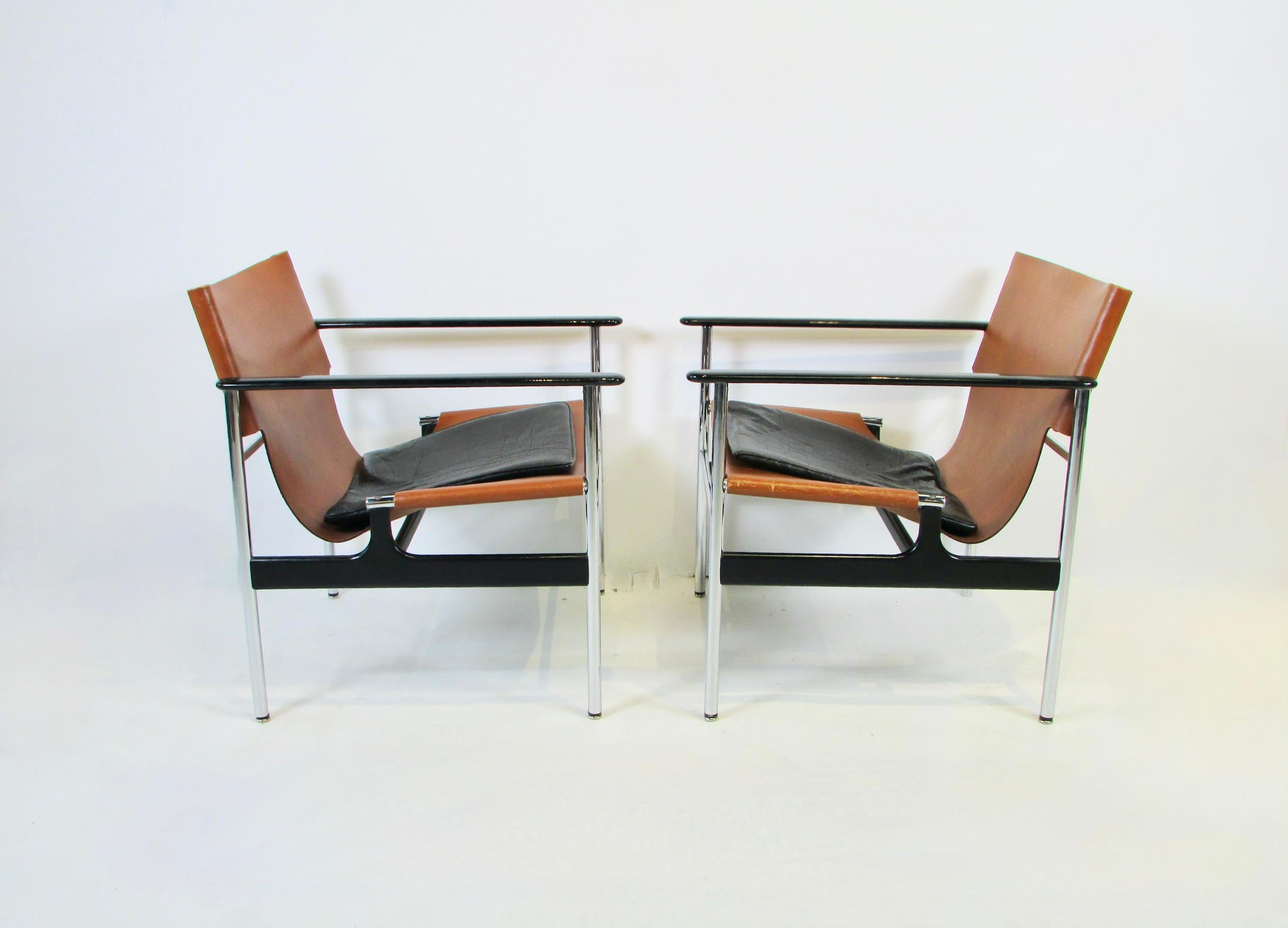 Pair of Charles Pollock Knoll Leather on Chrome 657 Chairs 1