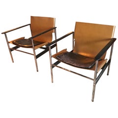 Pair of Charles Pollock Leather Sling Lounge Chairs by Knoll