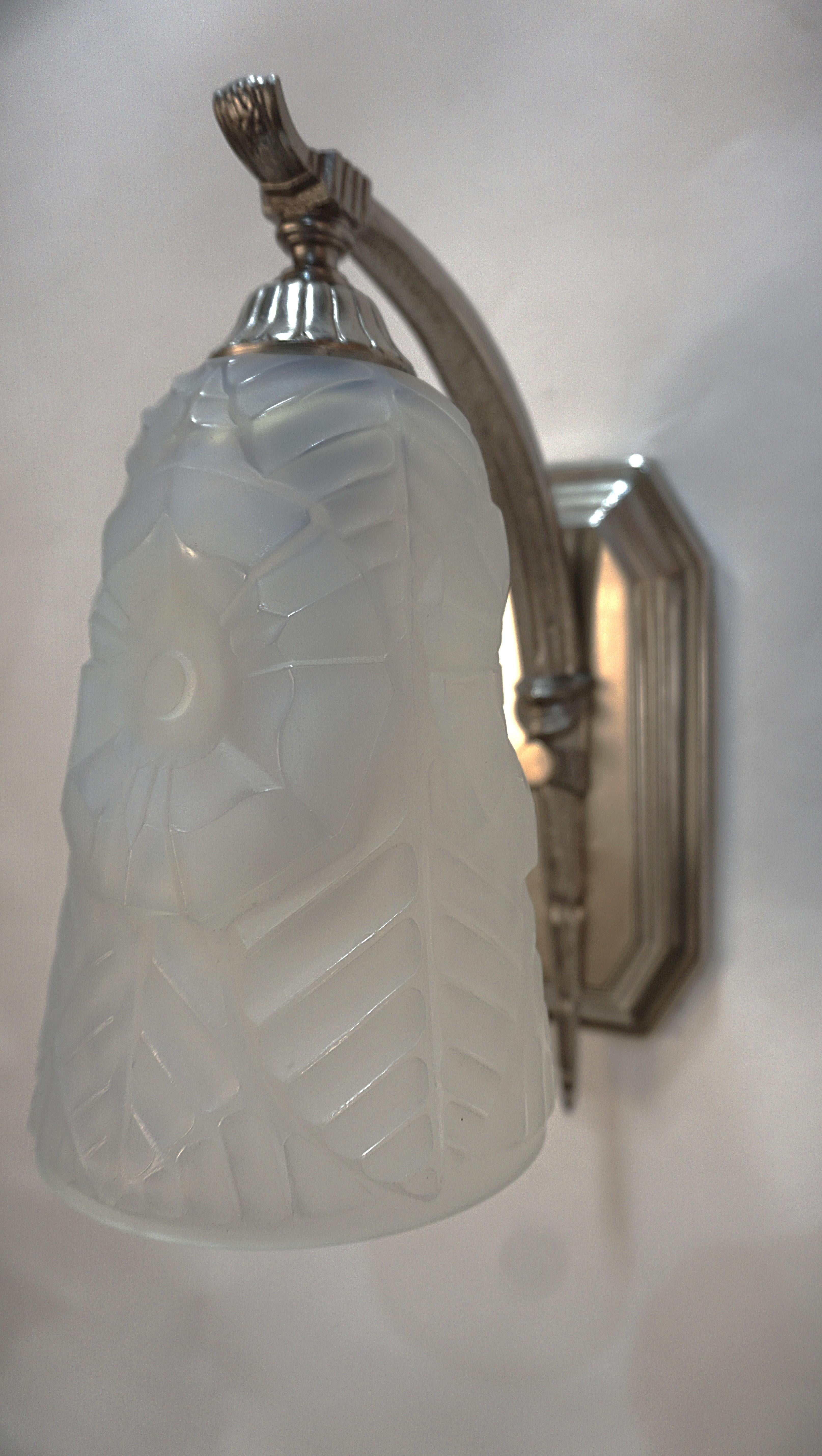 Pair of Charles Ranc Opaline Glass Art Deco Wall Sconces For Sale 6