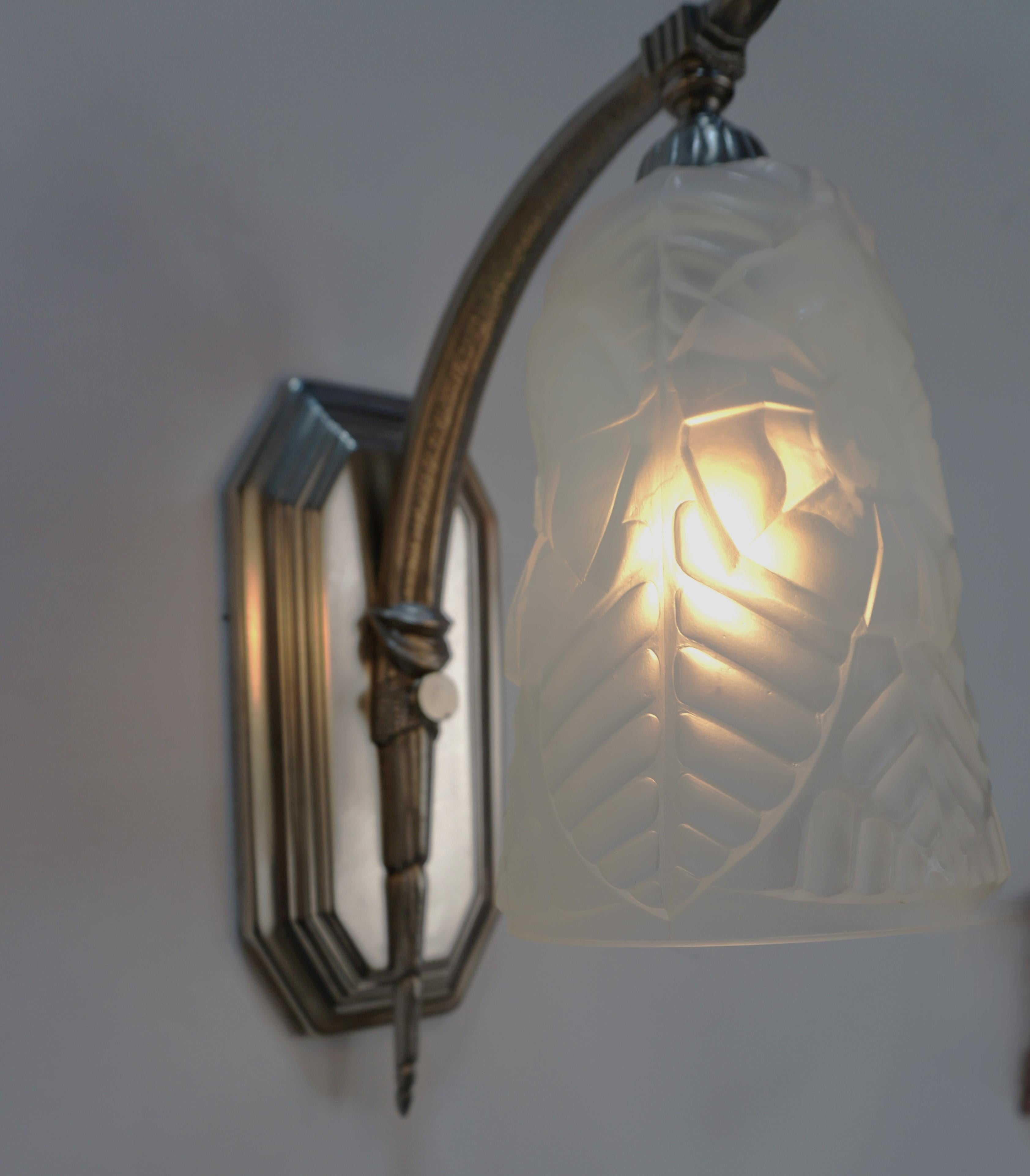 Pair of Charles Ranc Opaline Glass Art Deco Wall Sconces For Sale 2