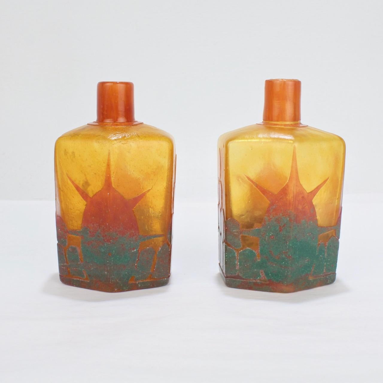 Art Glass Pair of Charles Schneider French Art Deco Le Verre Francais Cameo Bottles
