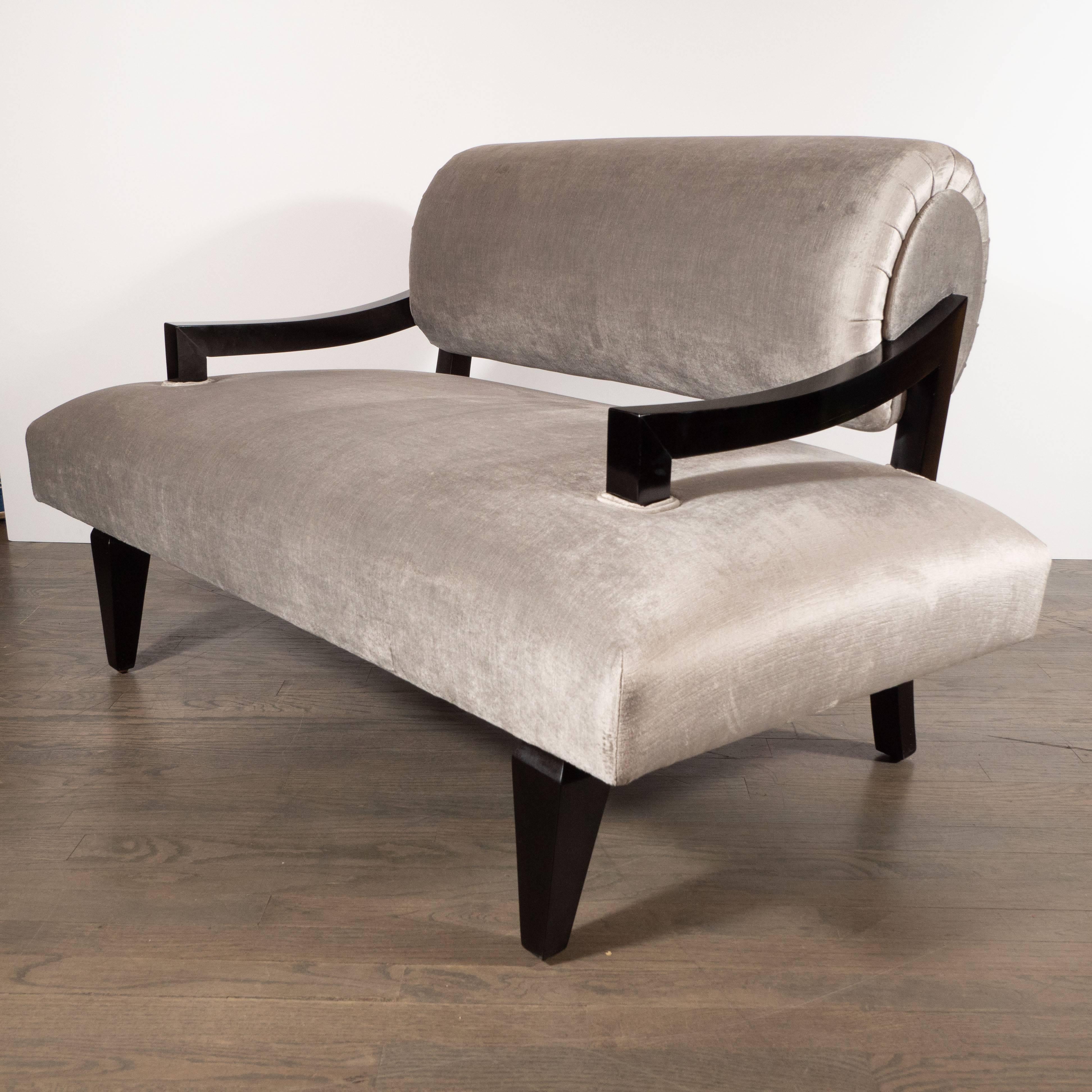 Mid-Century Modern Pair of Charles Stoll Wide Lounge Chairs in Ebonized Sycamore and Velvet