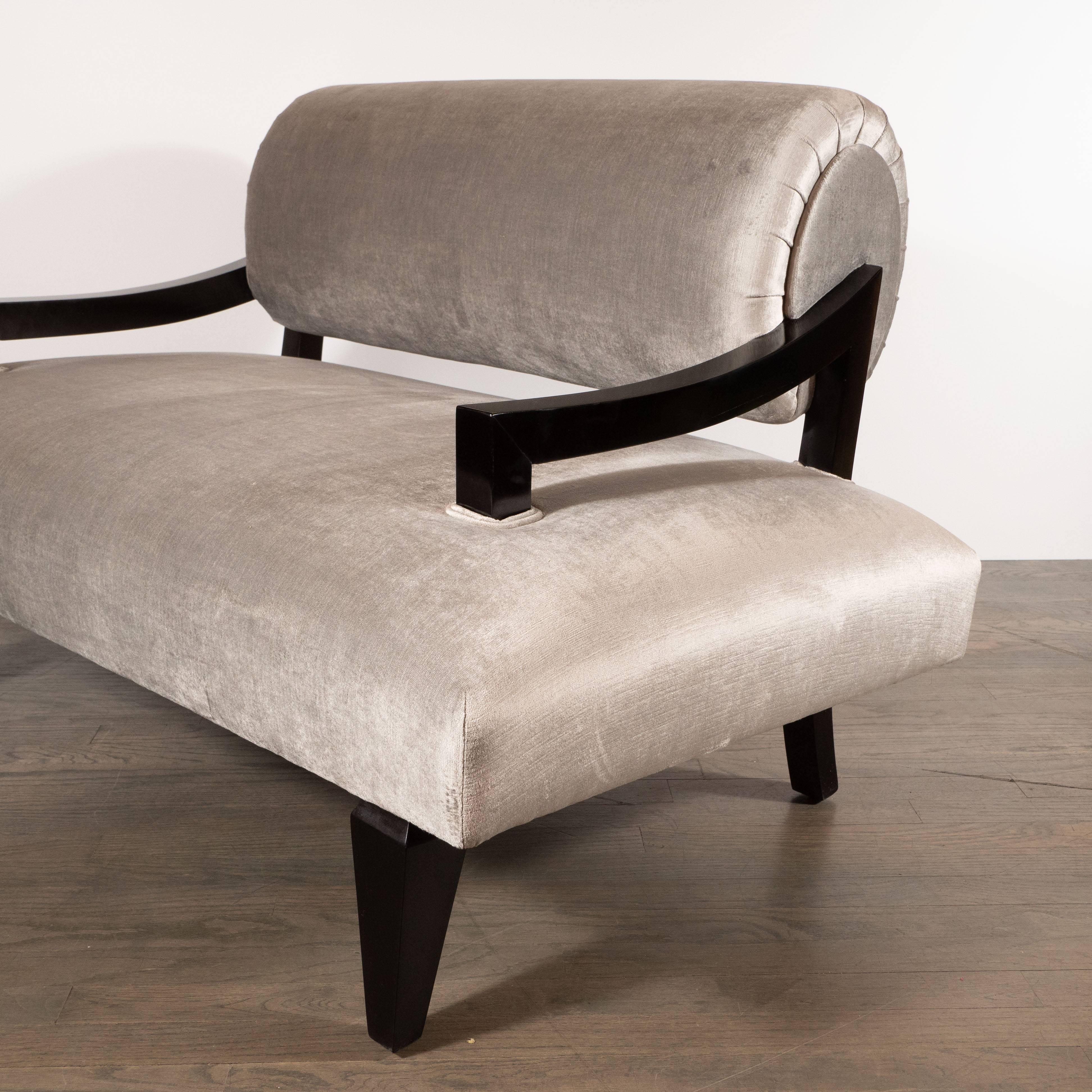 American Pair of Charles Stoll Wide Lounge Chairs in Ebonized Sycamore and Velvet