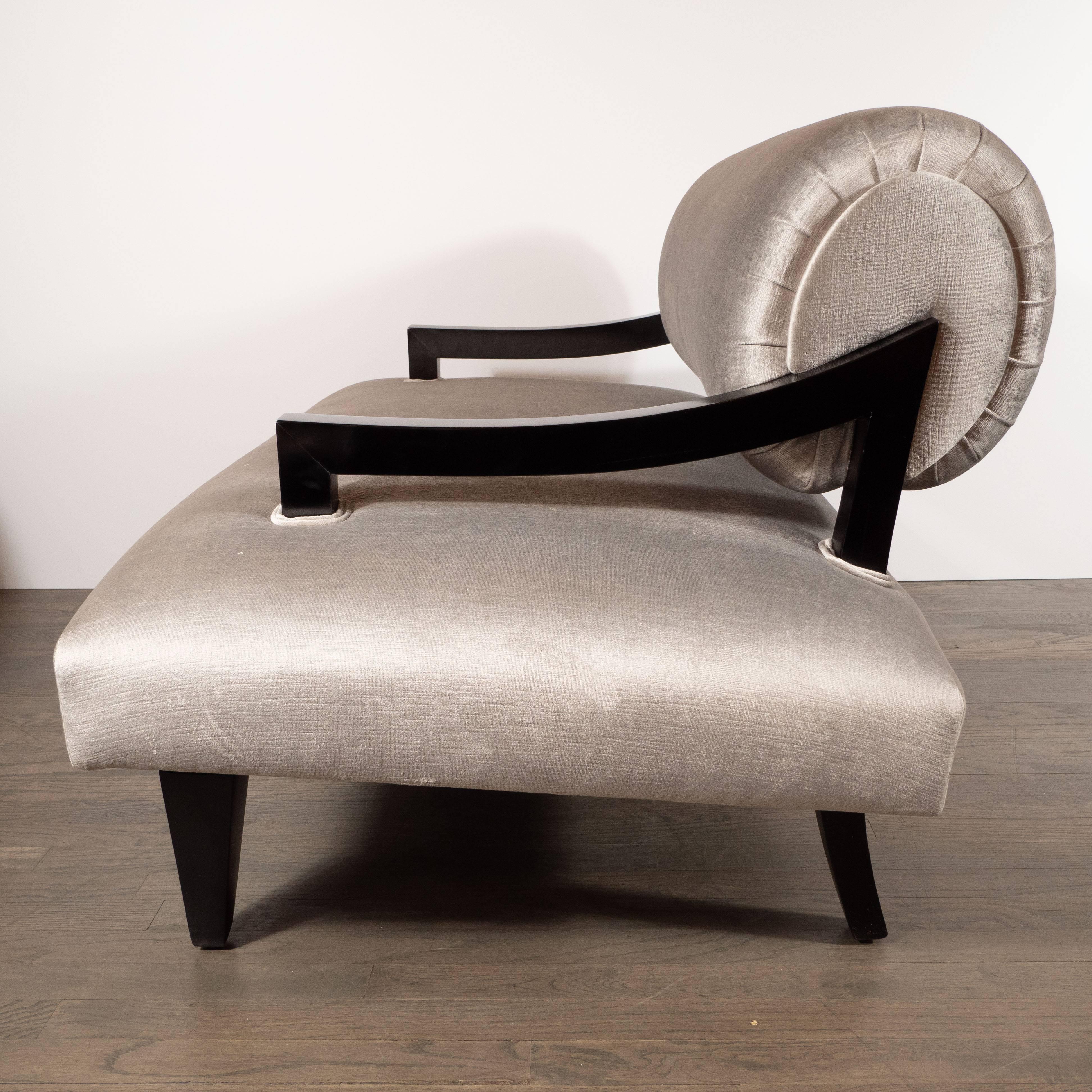 Pair of Charles Stoll Wide Lounge Chairs in Ebonized Sycamore and Velvet In Excellent Condition In New York, NY