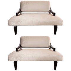 Pair of Charles Stoll Wide Lounge Chairs in Ebonized Sycamore and Velvet