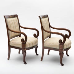 Pair of Charles X Armchairs, Crafted in Solid Mahogany with Gilt Bronze Mounts