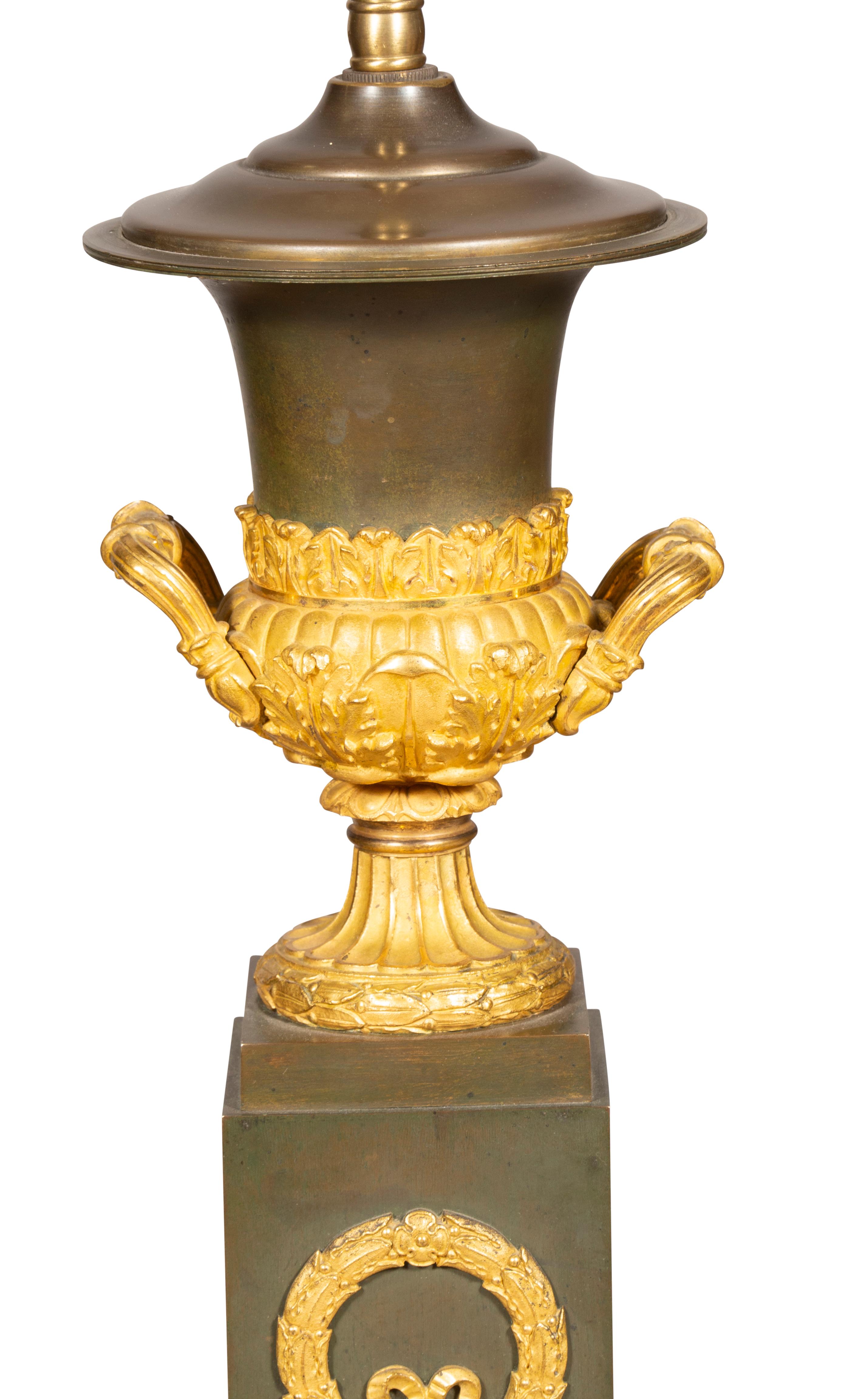 Pair Of Charles X Bronze And Ormolu Table lamps In Good Condition For Sale In Essex, MA