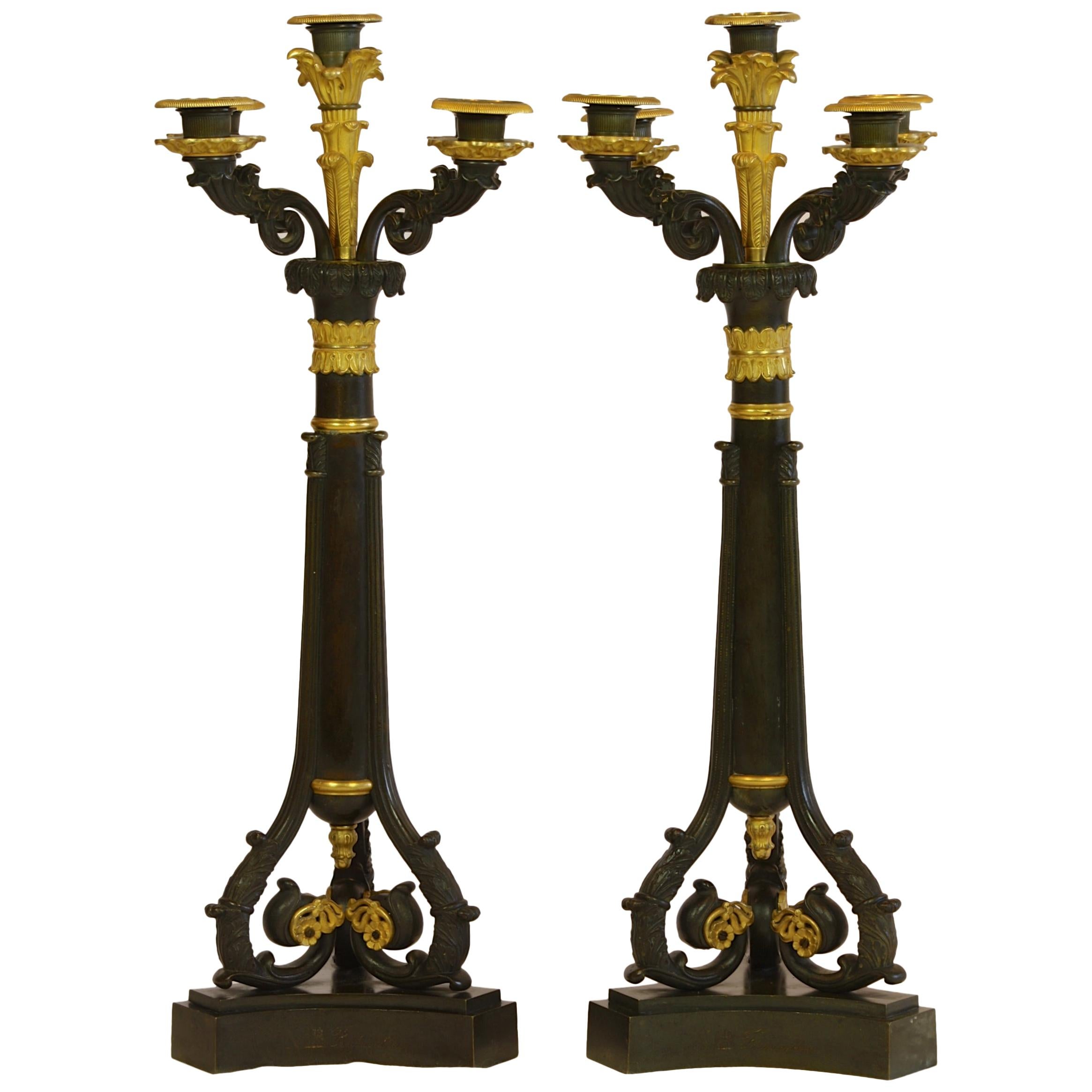 Pair of Charles X Candelabra Engraved with Napoleonic Symbols and Fountainebleau For Sale