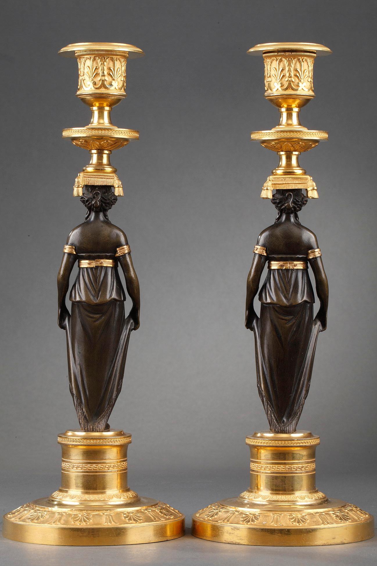 Pair of Charles X Candlesticks in Patinated and Gilded Bronze 11