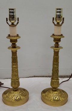 Pair of Charles X Chased Gilt Bronze Candlestick Lamps Attributed Claude Galle