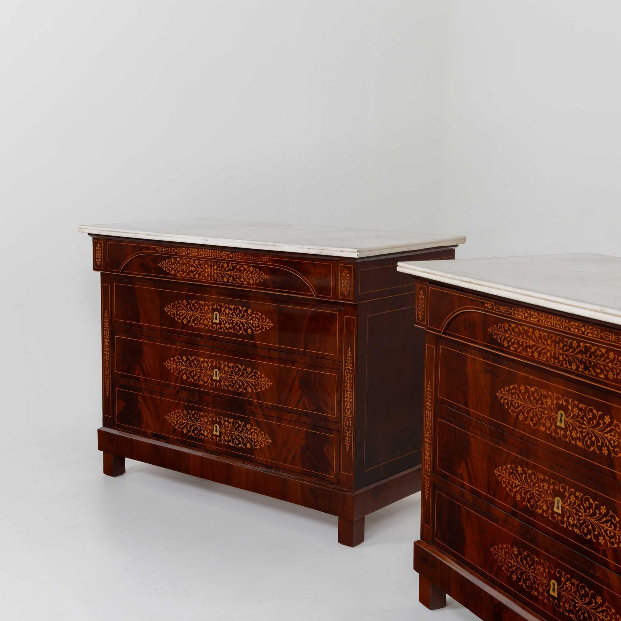 Veneer Pair of Charles X Chests of Drawers with Marble Tops, circa 1830 For Sale