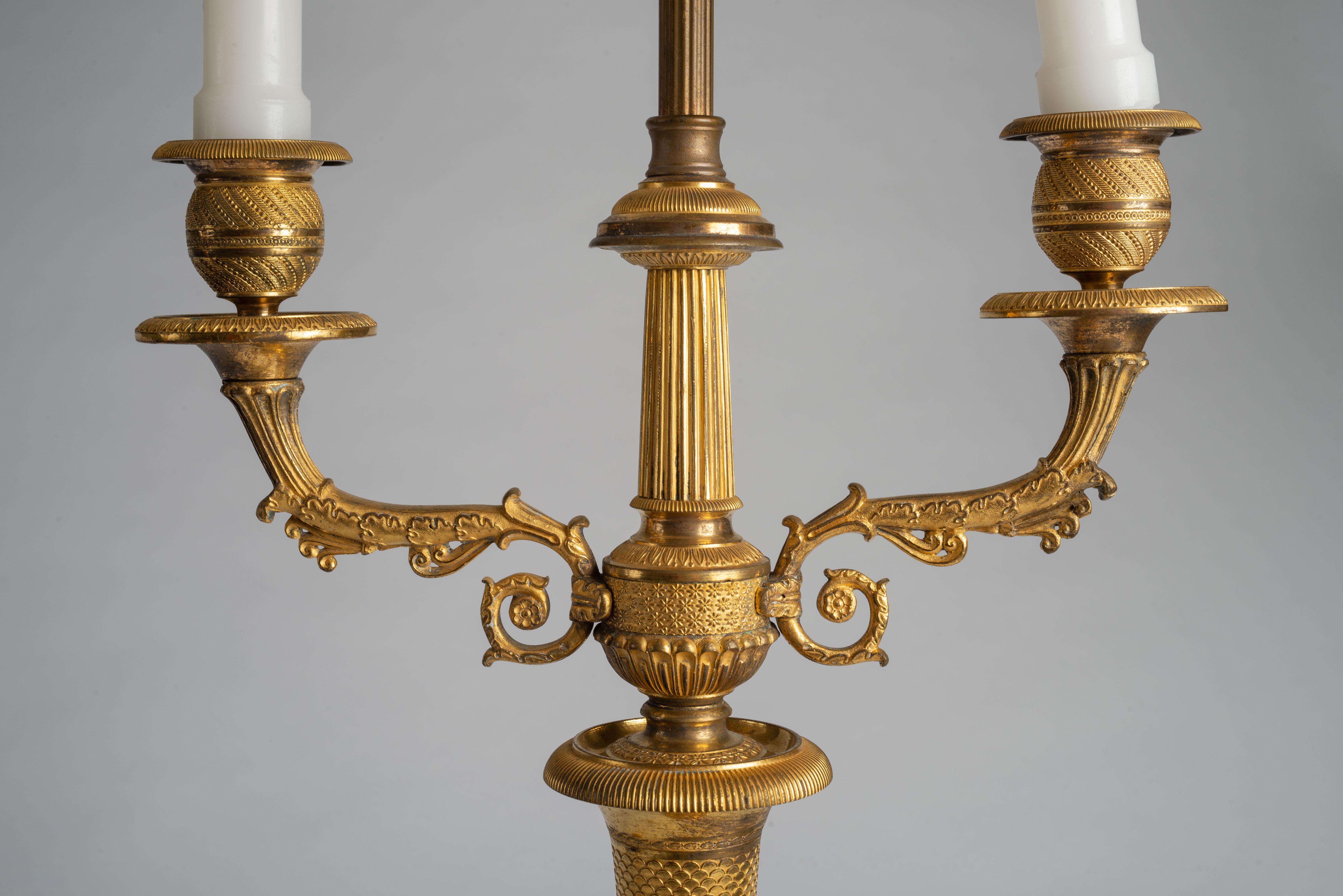 Pair of Charles X Gilt Bronze Candelabra Mounted as Lamps In Good Condition In Kittery Point, ME